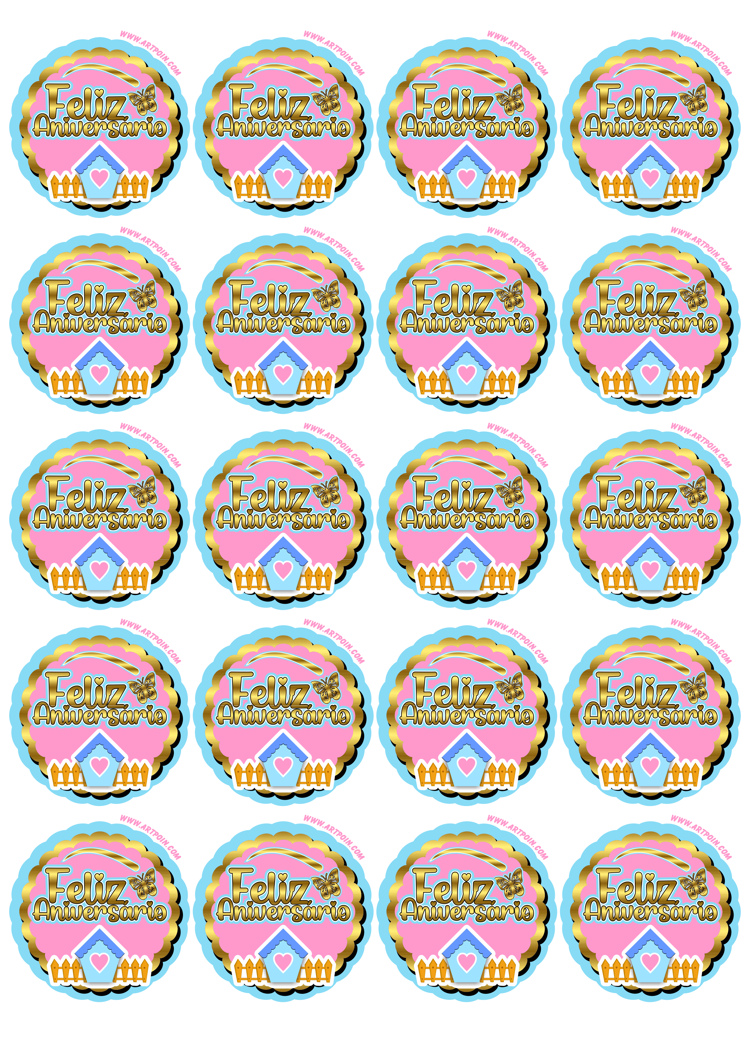 Jardim encantado feliz aniversário dourado azul e rosa com casinha borboleta adesivo tag sticker painel 20 imagens png