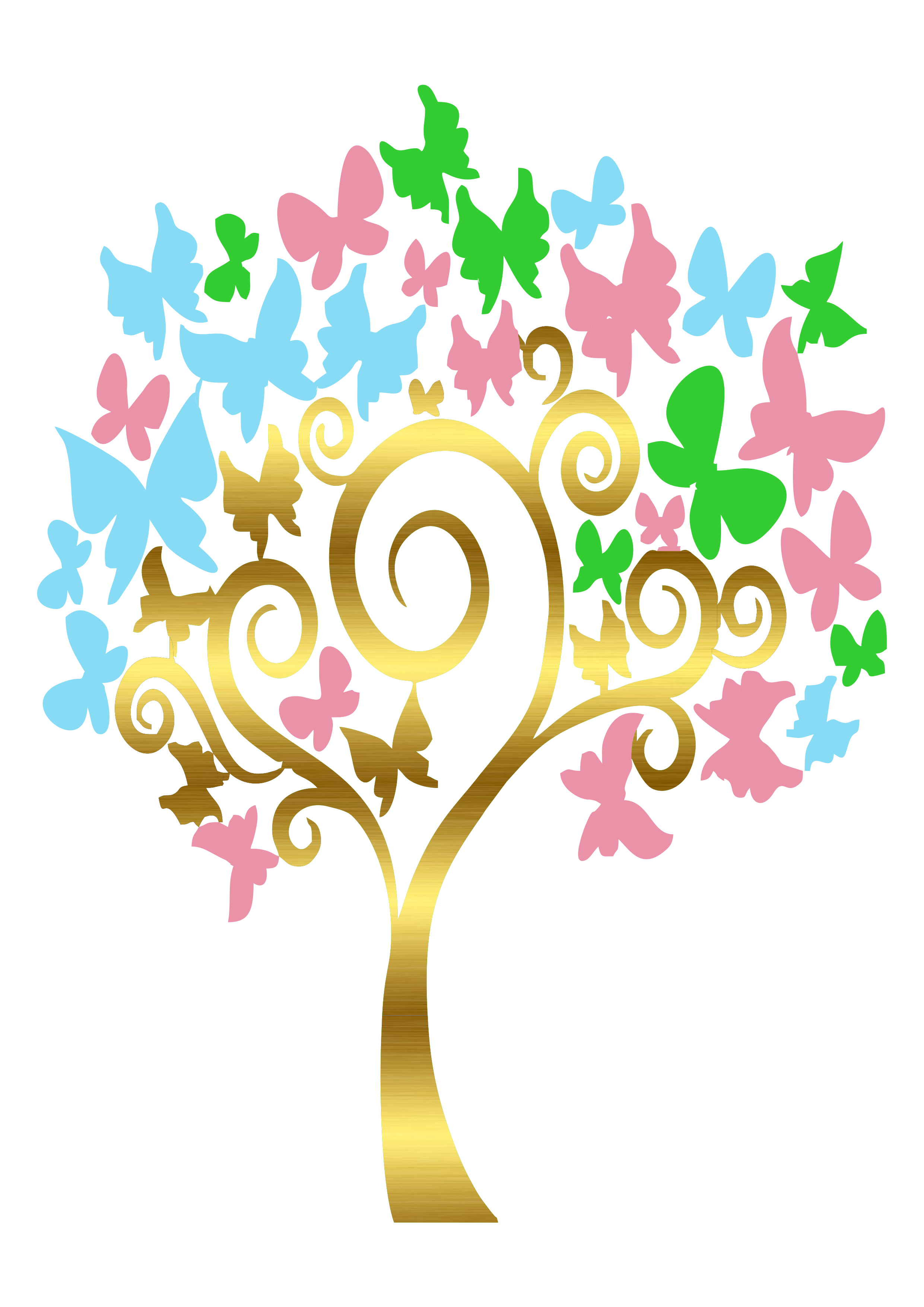 Jardim encantado árvore florida com borboletas dourada azul rosa e verde colorido imagem decorativa fundo transparente png