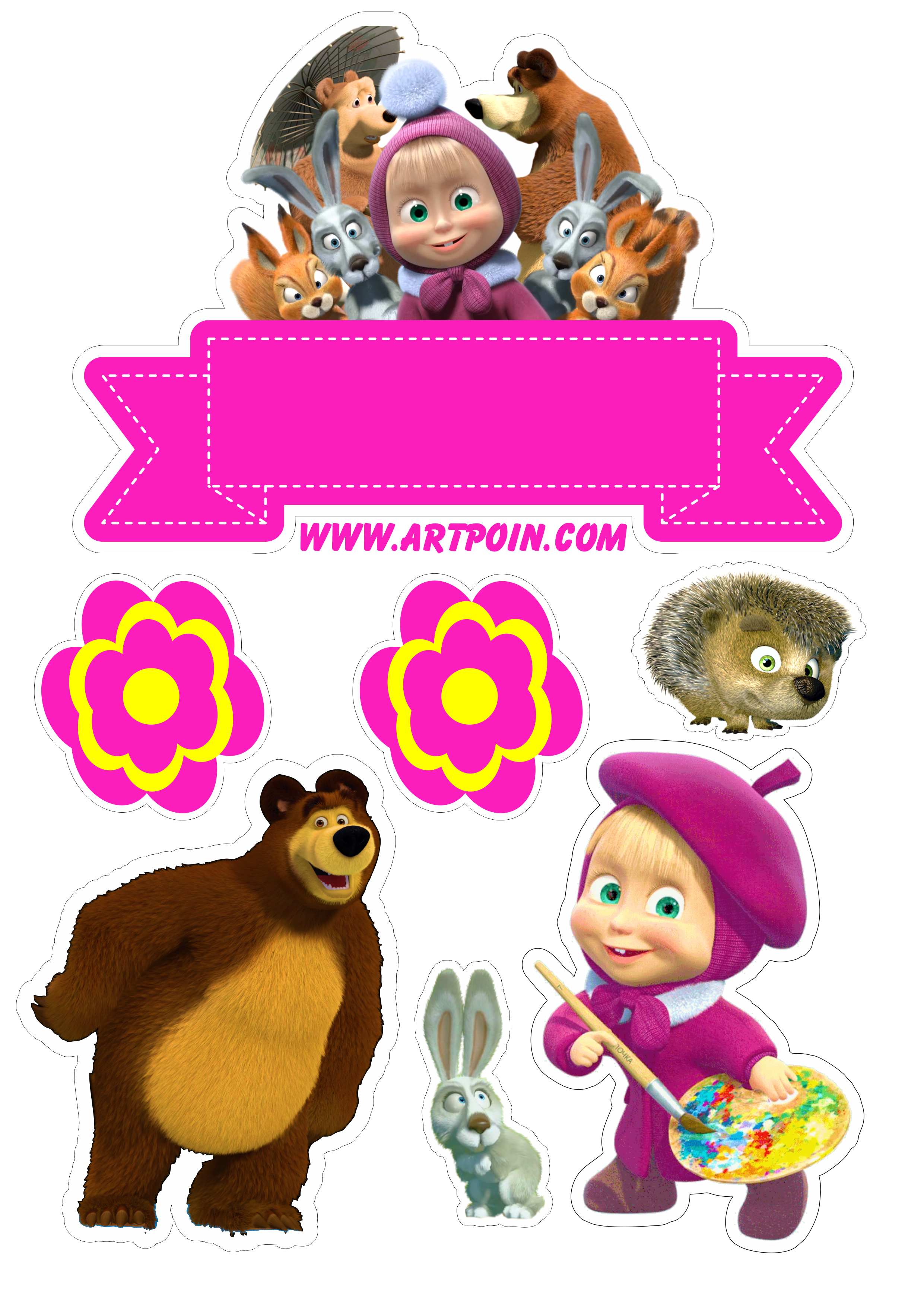 Masha e o urso topo de bolo para imprimir aniversário infantil decoração renda extra artigos de papelaria e personalizados png