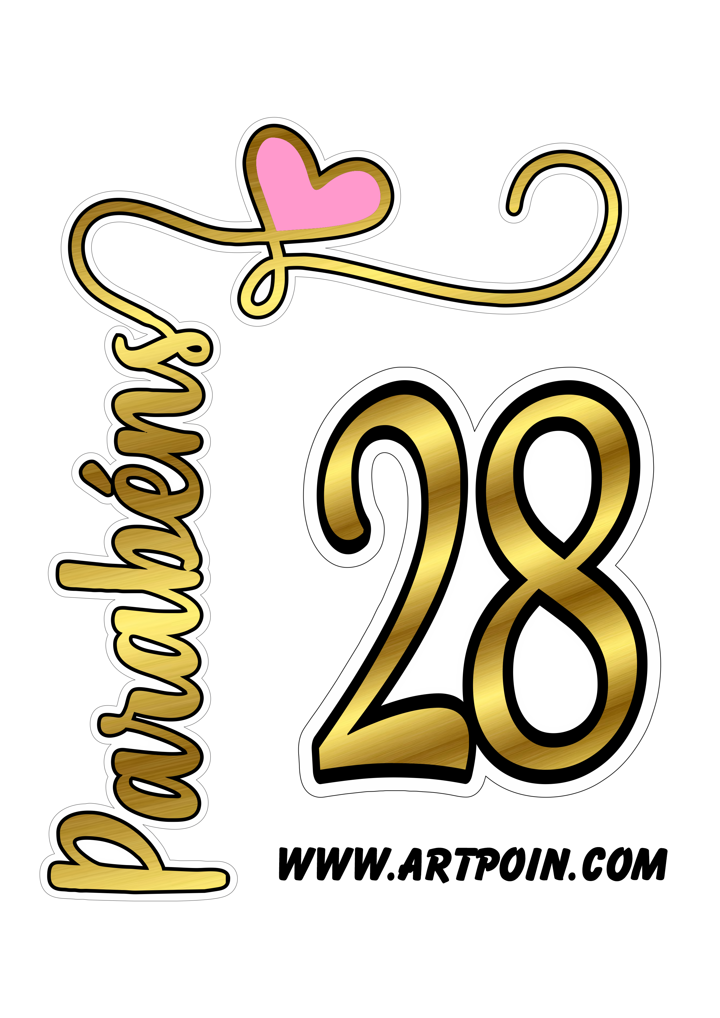 Topo de bolo parabéns dourado com rosa 28 anos png