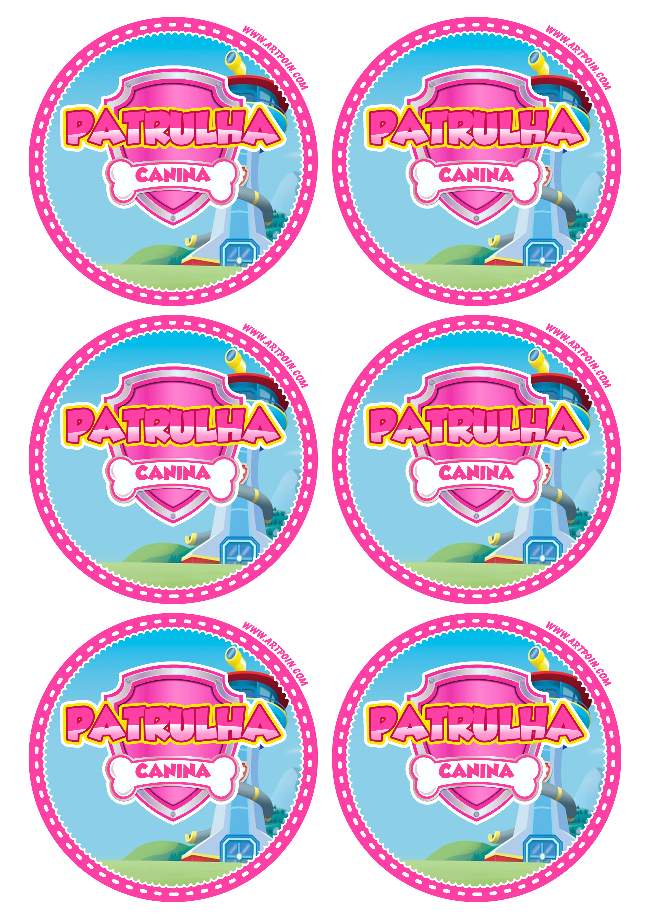 Patrulha canina rosa pink adesivo redondo tag sticker decoração de aniversário infantil artigos de papelaria 6 imagens png