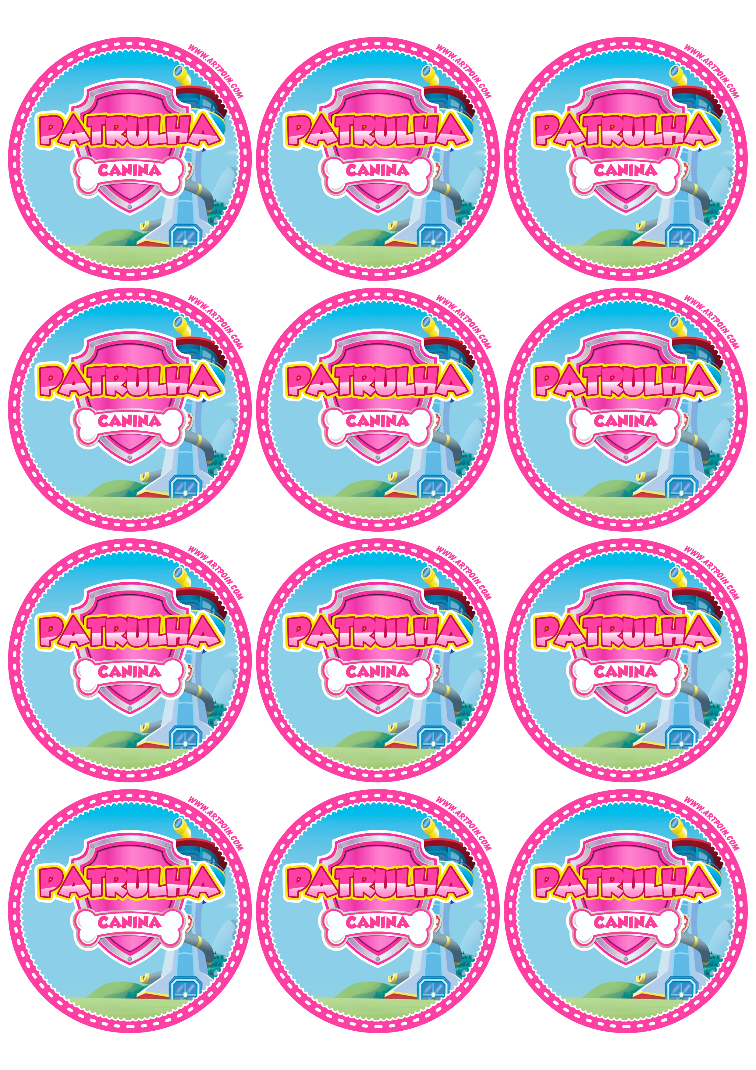 Patrulha canina rosa pink adesivo redondo tag sticker decoração de aniversário infantil artigos de papelaria 12 imagens png