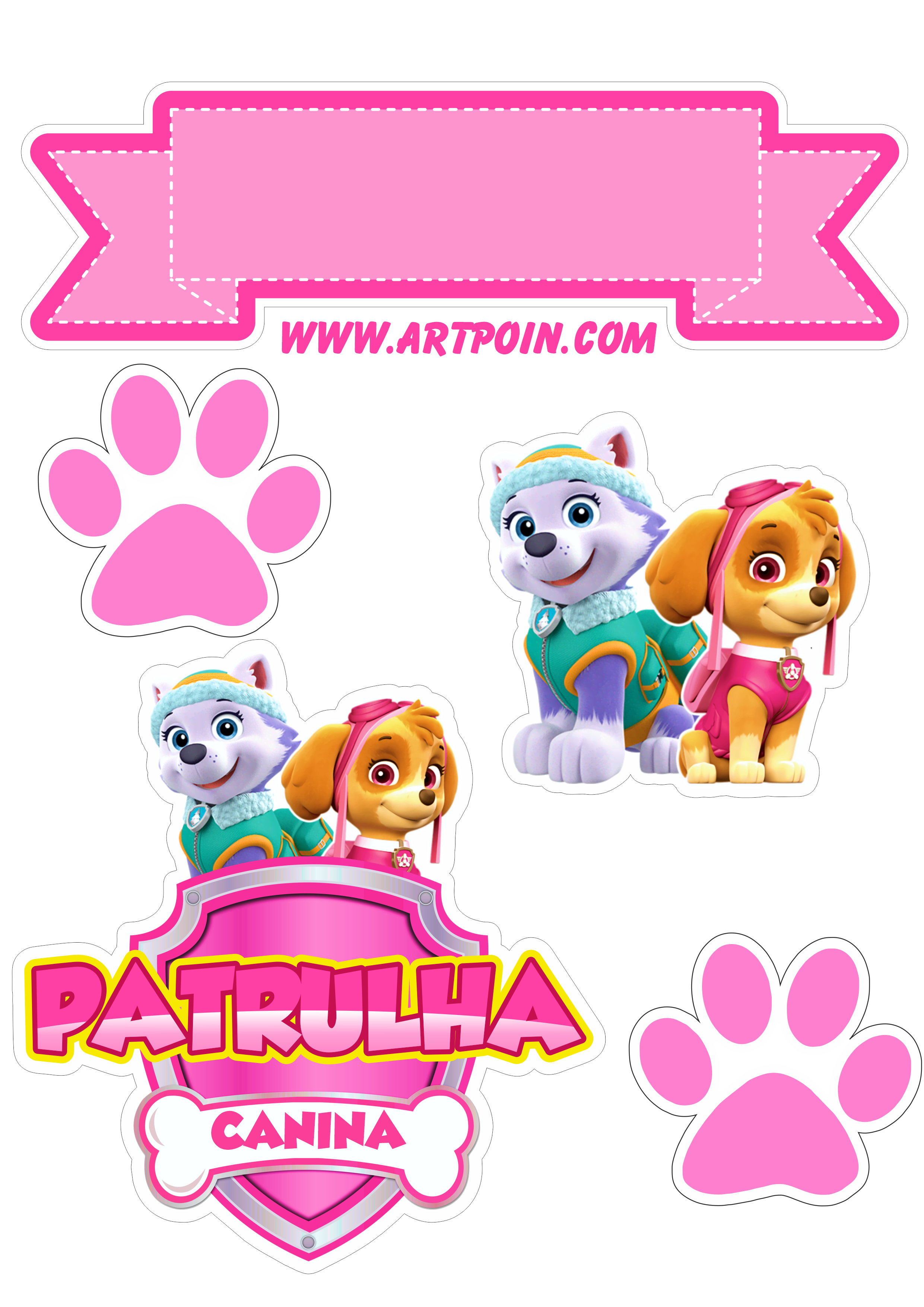 Topo de bolo para imprimir Skye e Everest Patrulha canina paw patrol rosa festa de aniversário infantil png