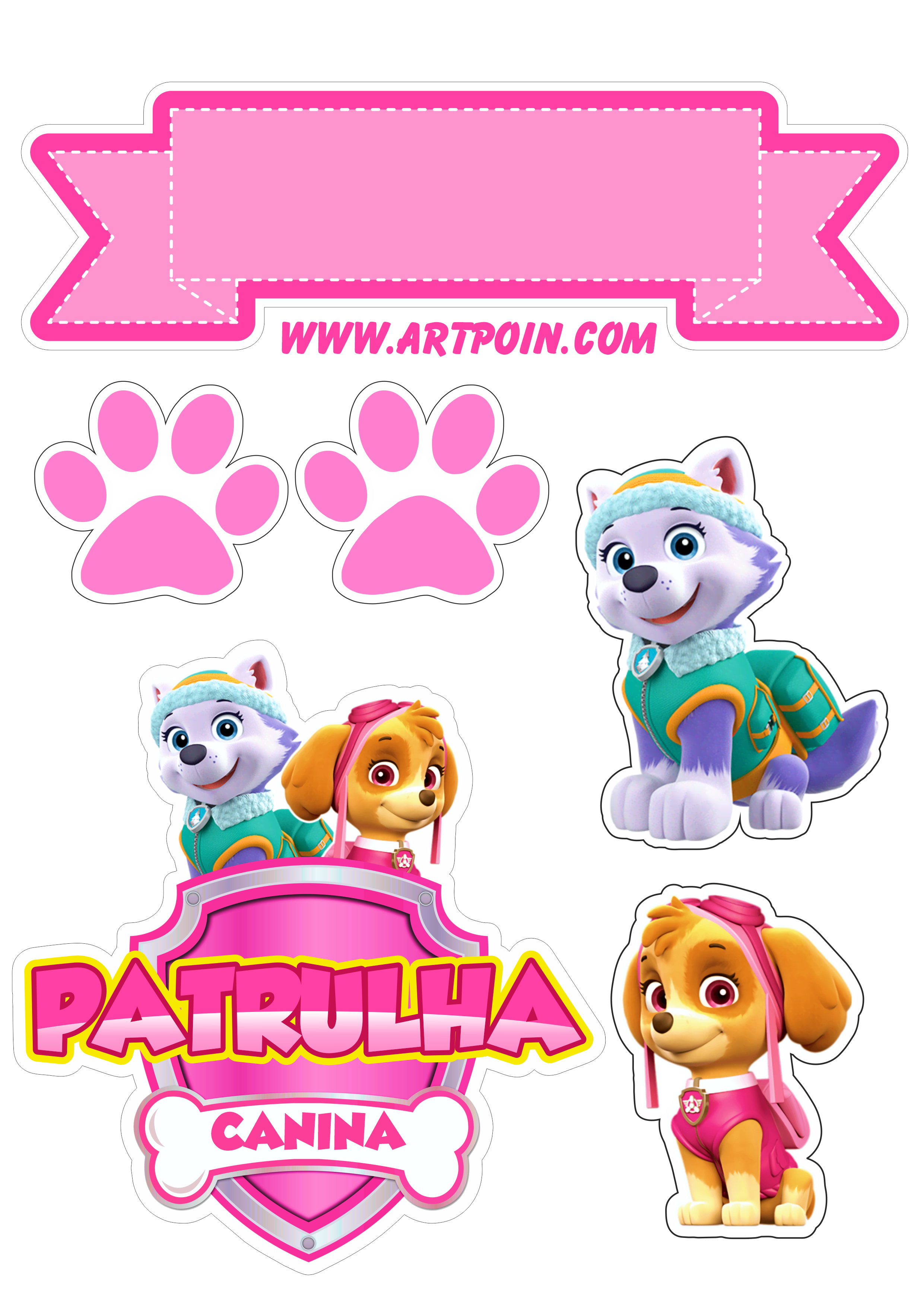 Topo de bolo para imprimir Skye e Everest Patrulha canina paw patrol rosa festa de aniversário infantil patinhas png