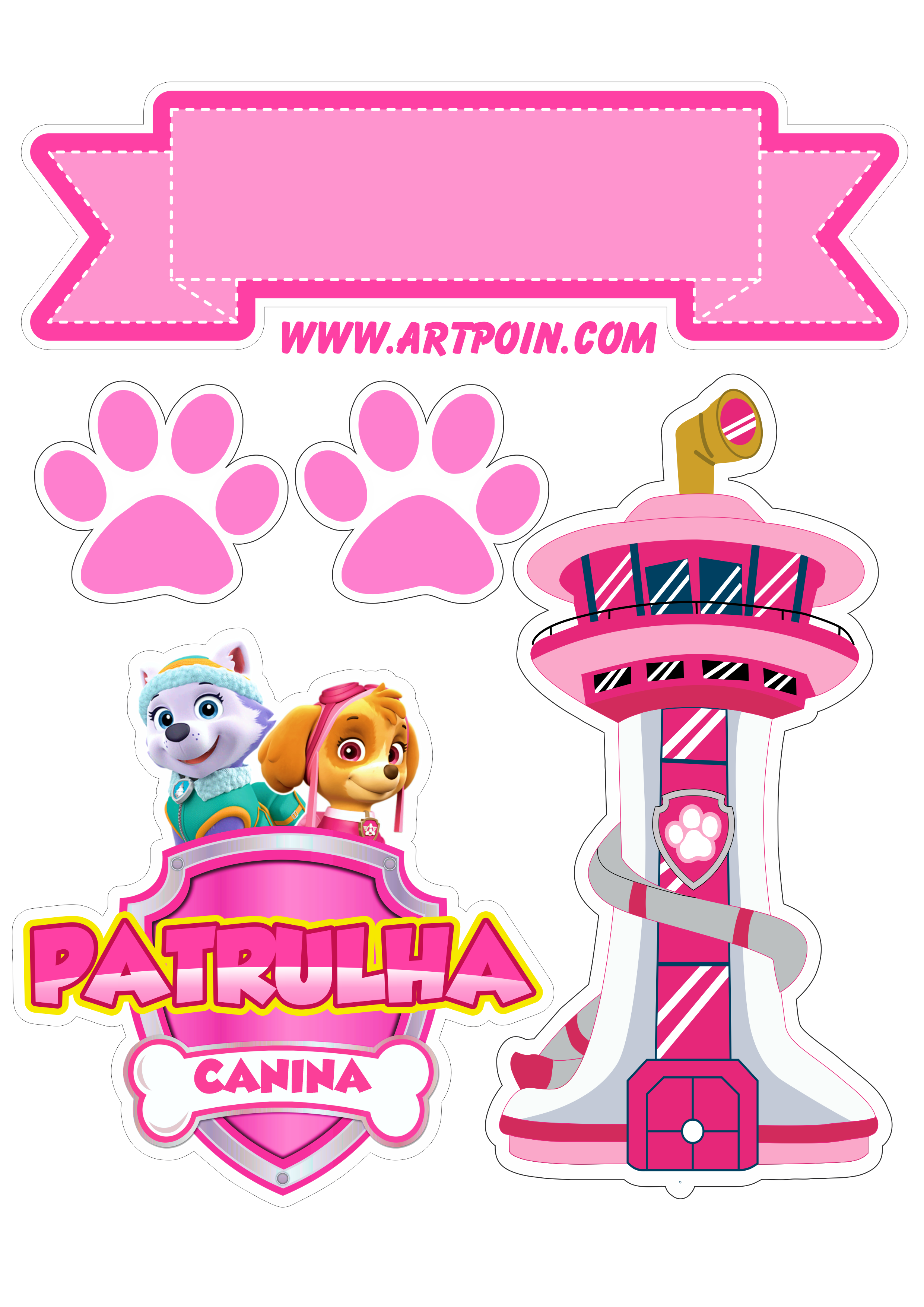 Topo de bolo para imprimir Skye e Everest Patrulha canina paw patrol rosa torre de vigilância festa de aniversário menina png
