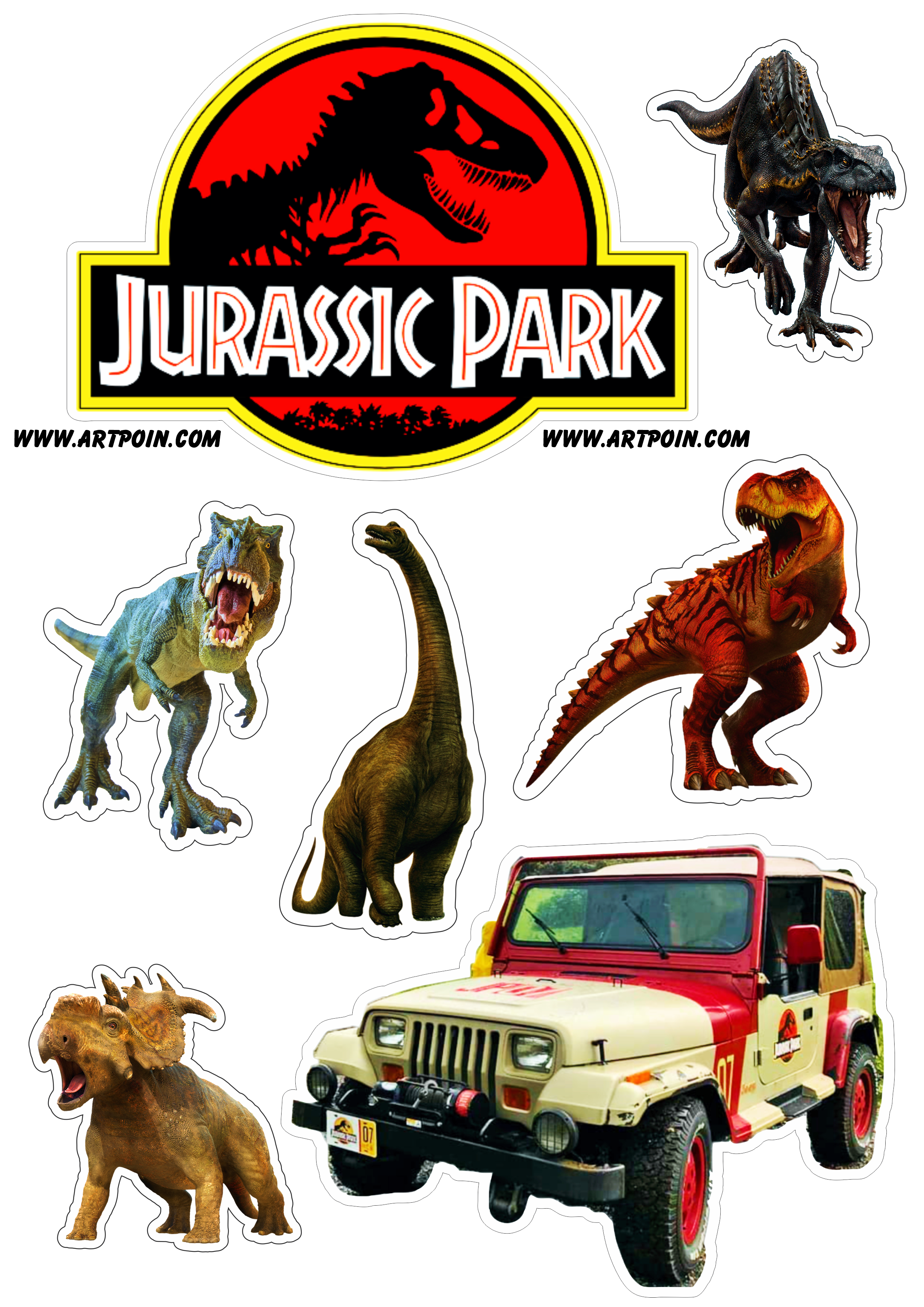 Jurassic Park topo de bolo infantil para aniversário de criança tema dinossauros artes gráficas tiranossauros rex png