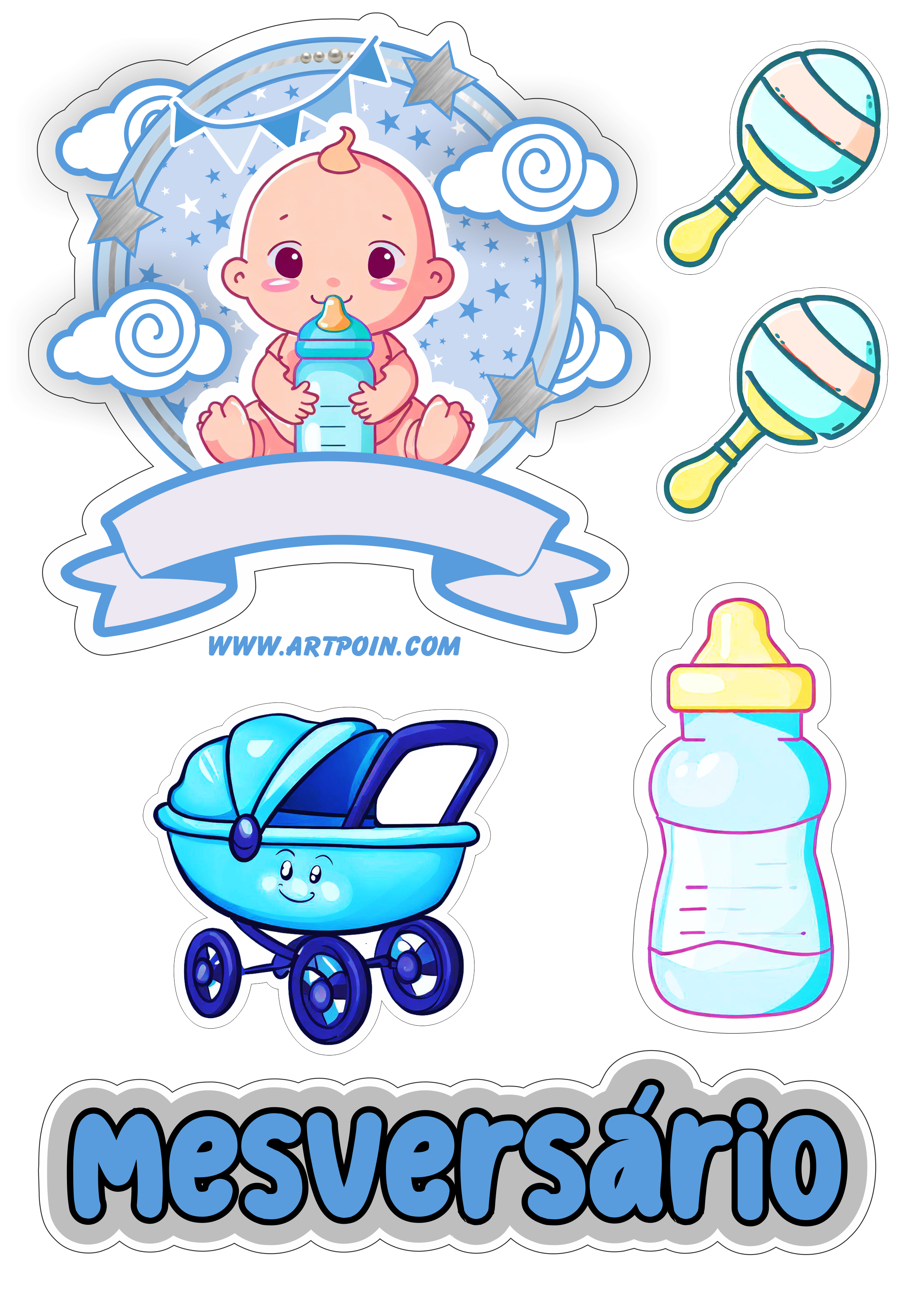 Topo de bolo bebezinho azul ideal para decoração de festas mesversário grátis mamadeira chocalho e carrinhos de bebê png