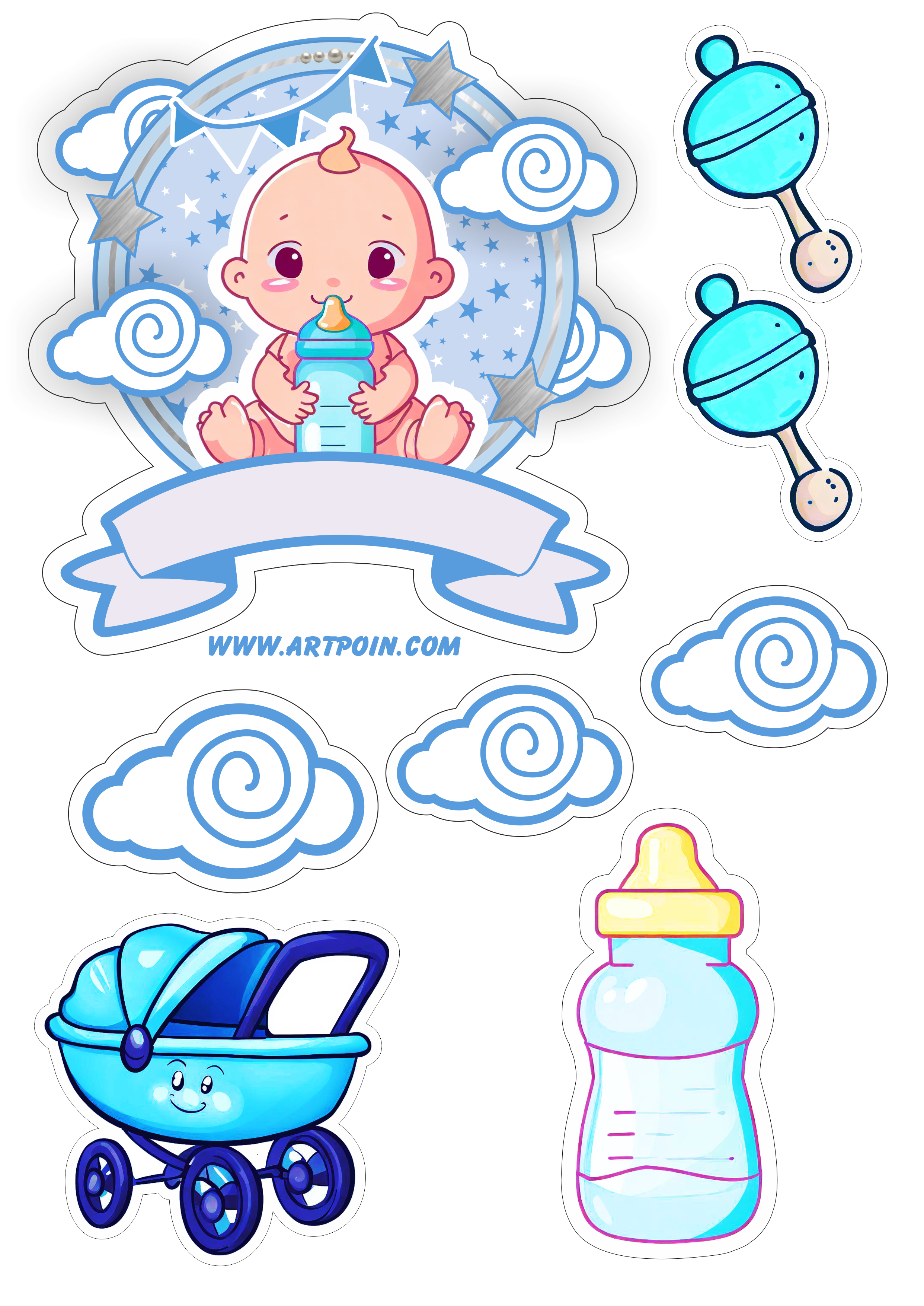 Topo de bolo bebezinho azul ideal para decoração de festas mesversário grátis mamadeira chocalho e carrinhos de bebê nuvenzinha png