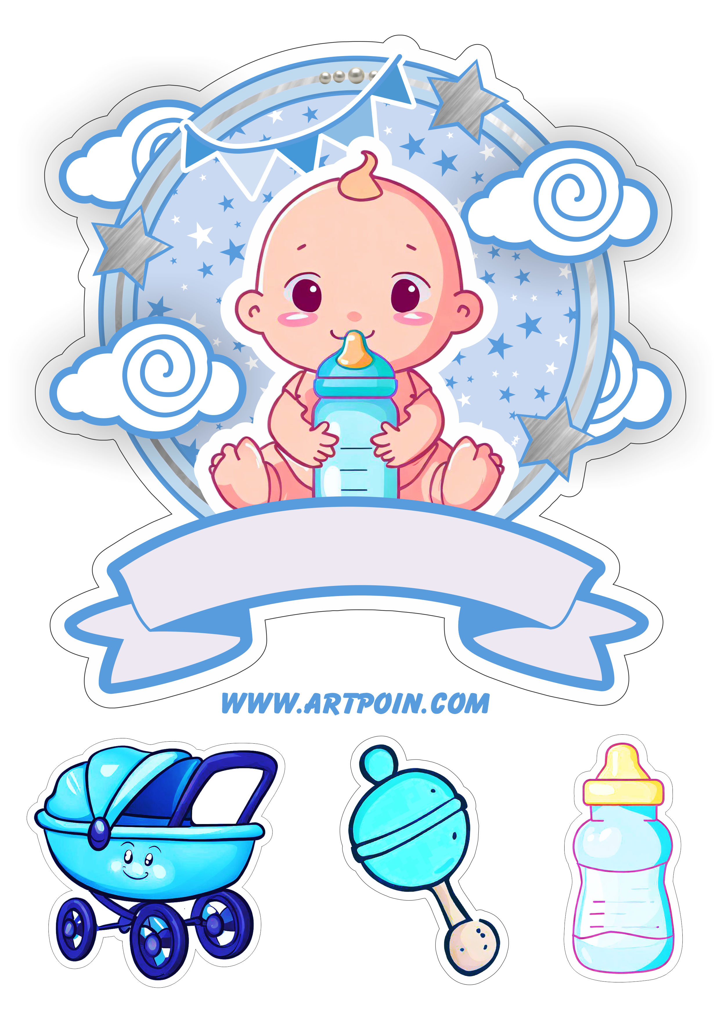 Topo de bolo bebezinho azul ideal para decoração de festas mesversário grátis mamadeira chocalho e carrinhos de bebê artes gráficas png