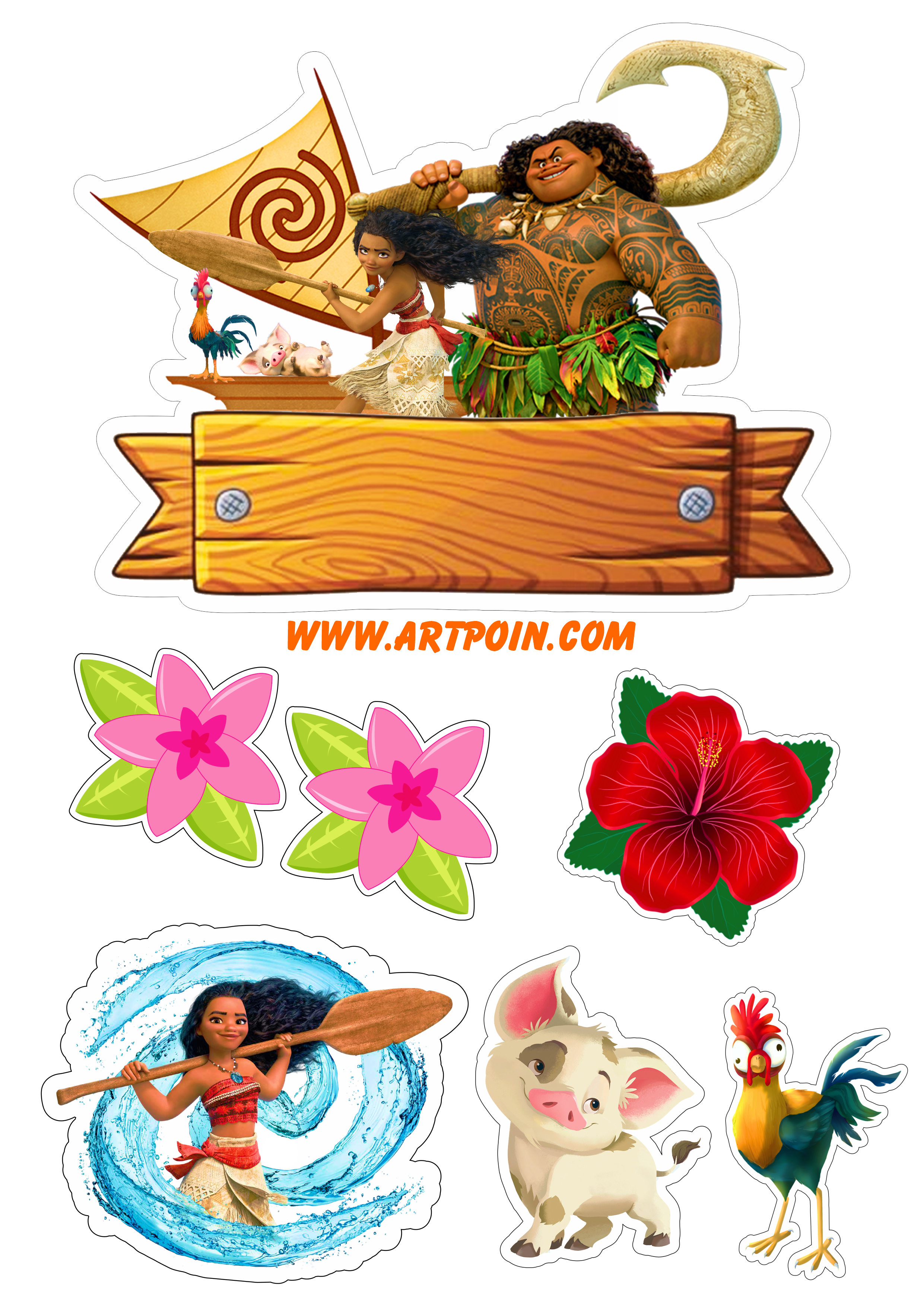 Topo de bolo para imprimir Moana e Maui animação disney decoração de festa de aniversário infantil png