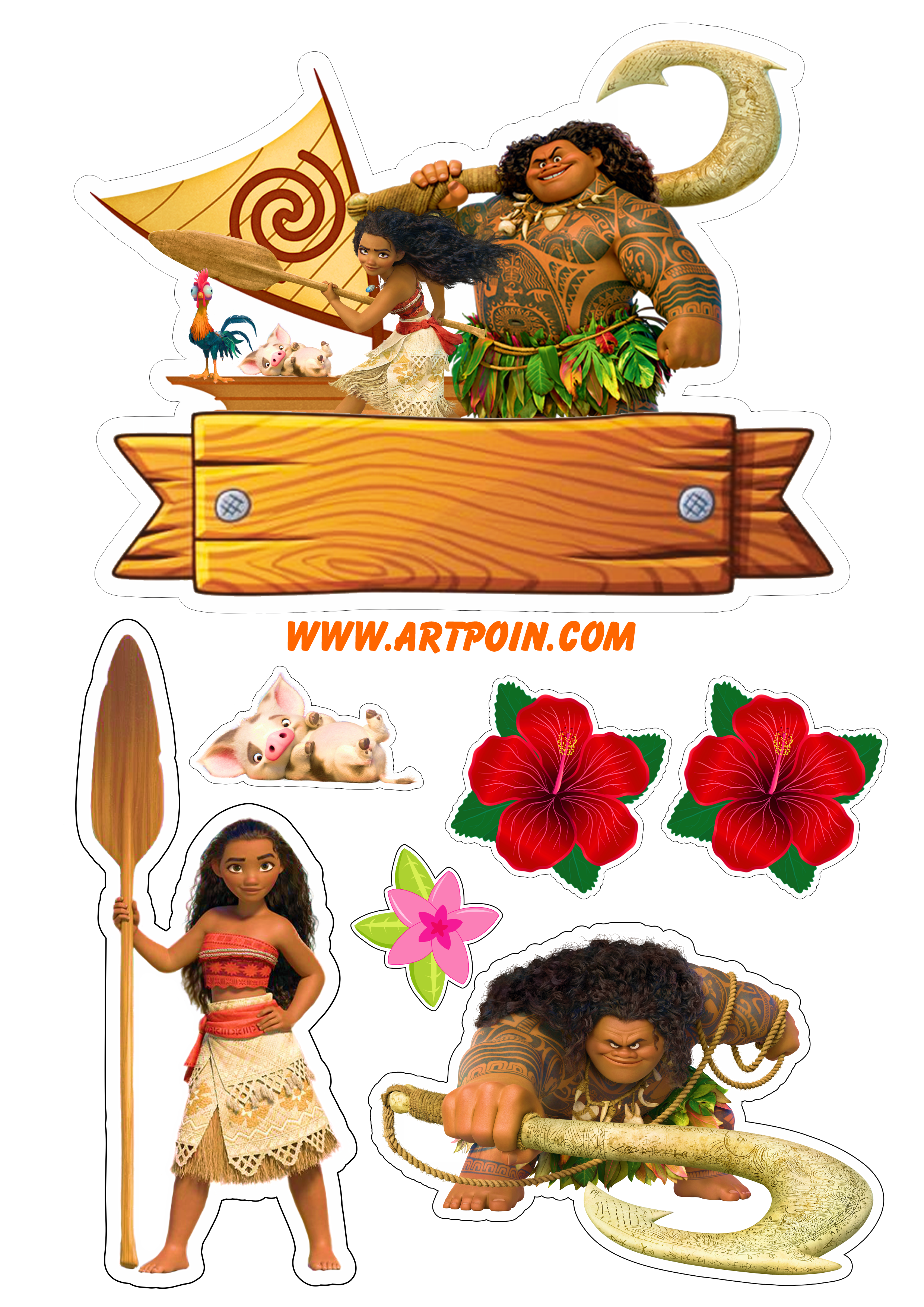 Topo de bolo para imprimir Moana e Maui animação disney decoração de festa de aniversário infantil papelaria png