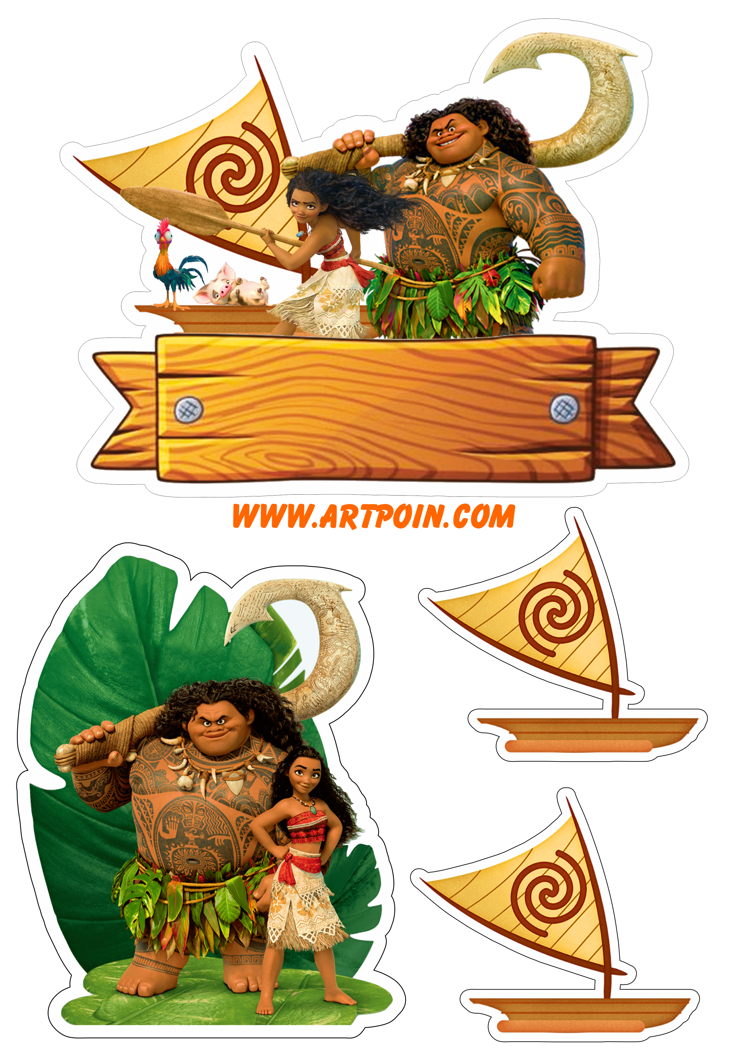 Topo de bolo para imprimir Moana e Maui barquinho animação disney decoração de festa de aniversário infantil papelaria png