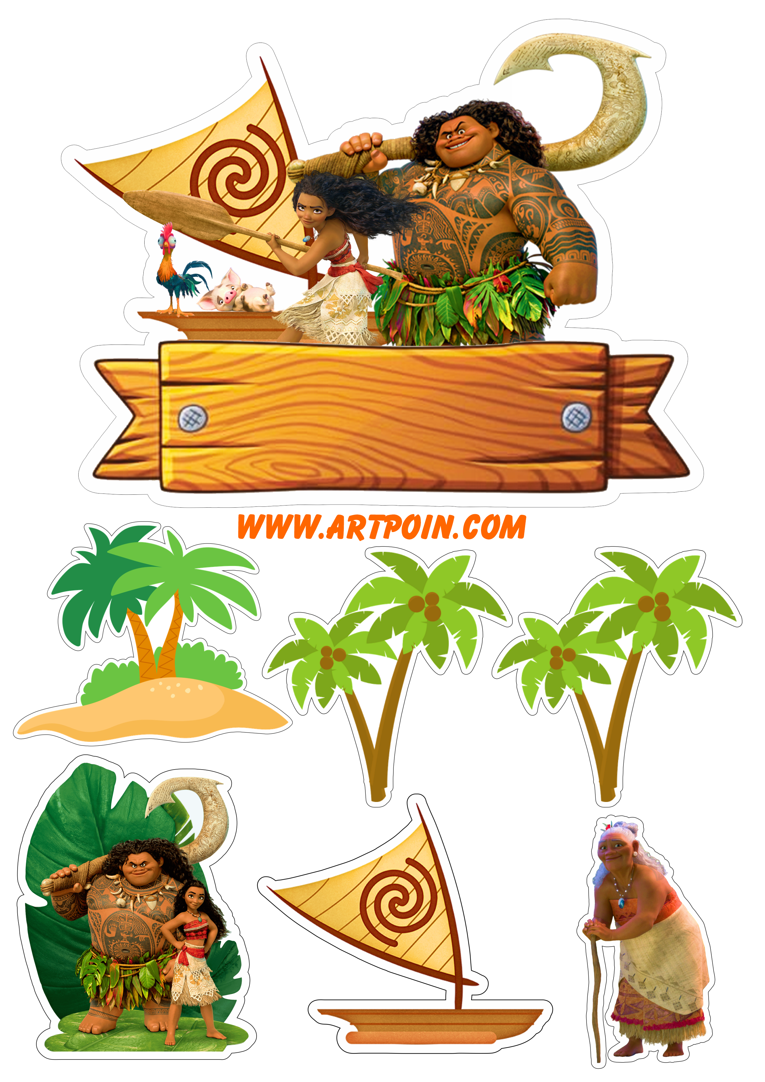 Topo de bolo para imprimir Moana e Maui barquinho animação disney decoração de festa de aniversário infantil papelaria Avaí png