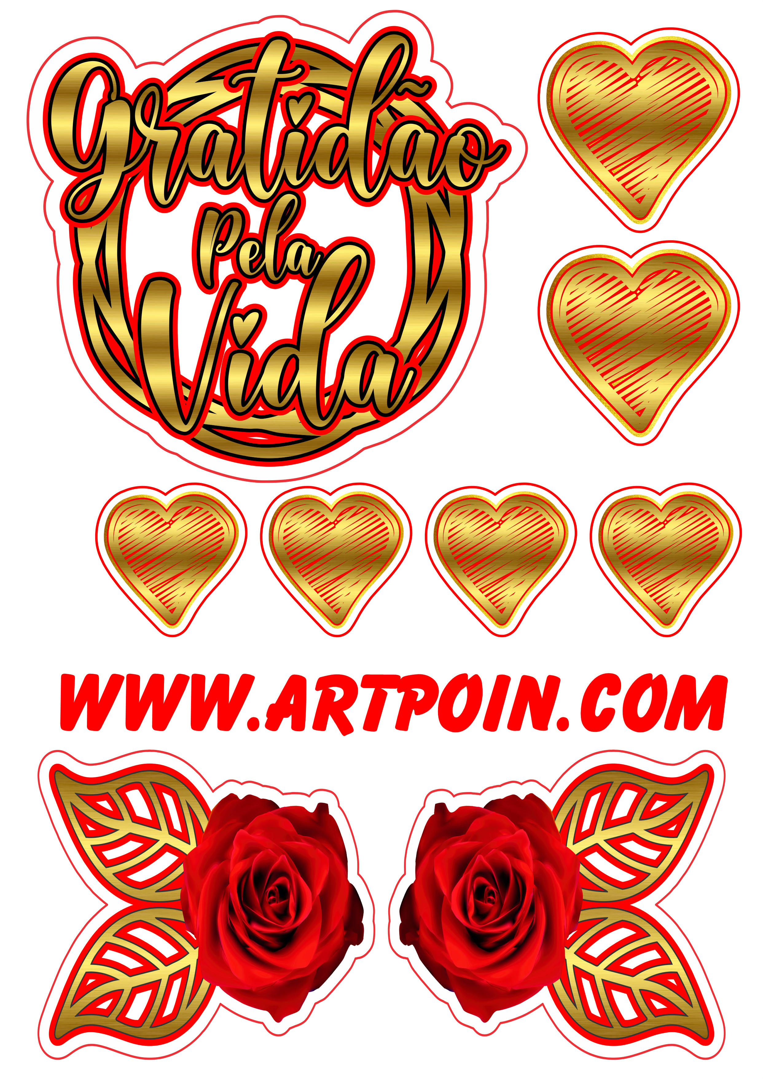 Topo de bolo dourado gratidão pela vida com flores e corações free download png