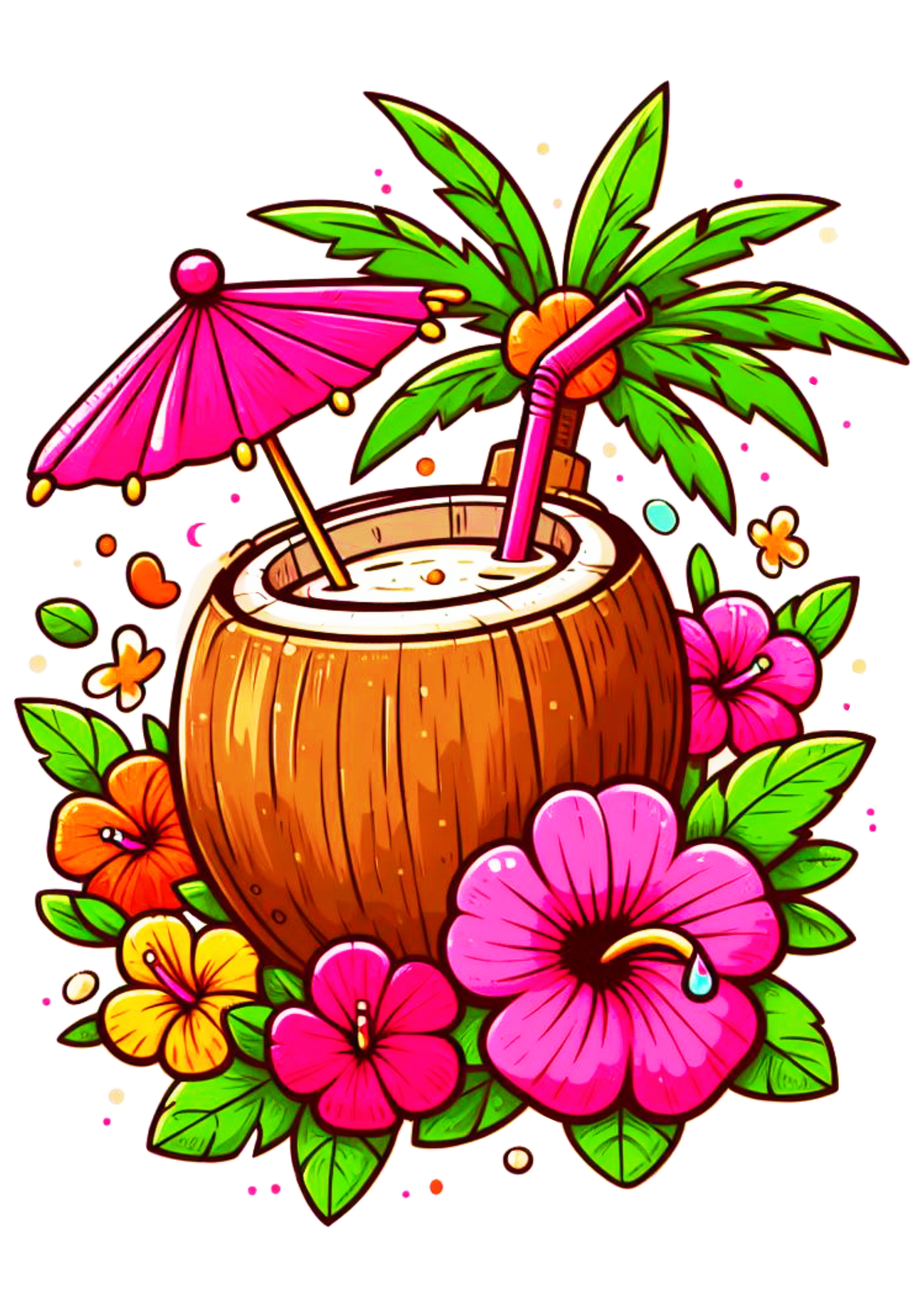 Tardezinha bebida tropical água de coco artes gráficas ilustração imagem fundo transparente drink flores png