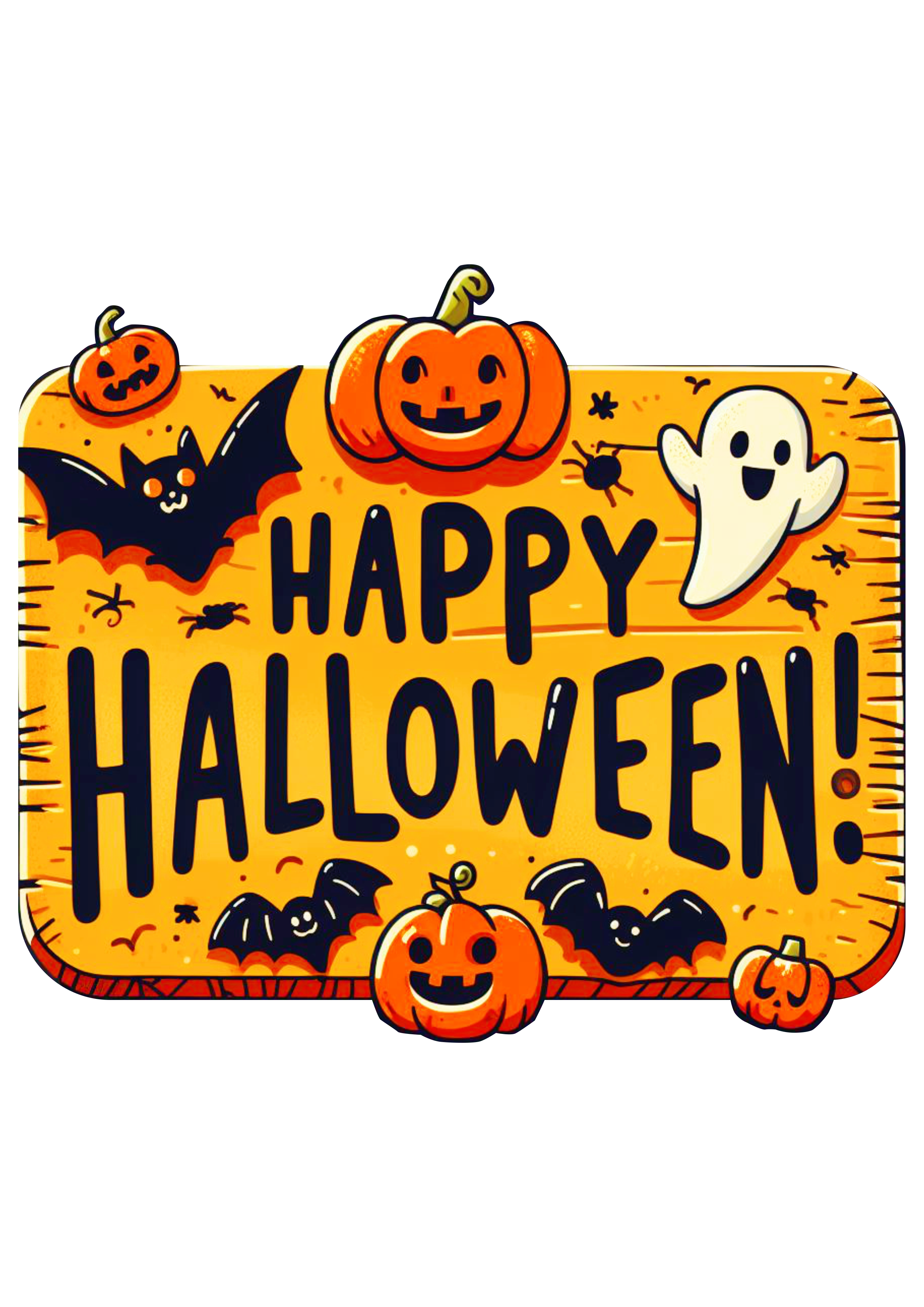 Happy Halloween placa decorativa gostosuras ou travessuras desenho simples morcego abóbora fantasma aranha png