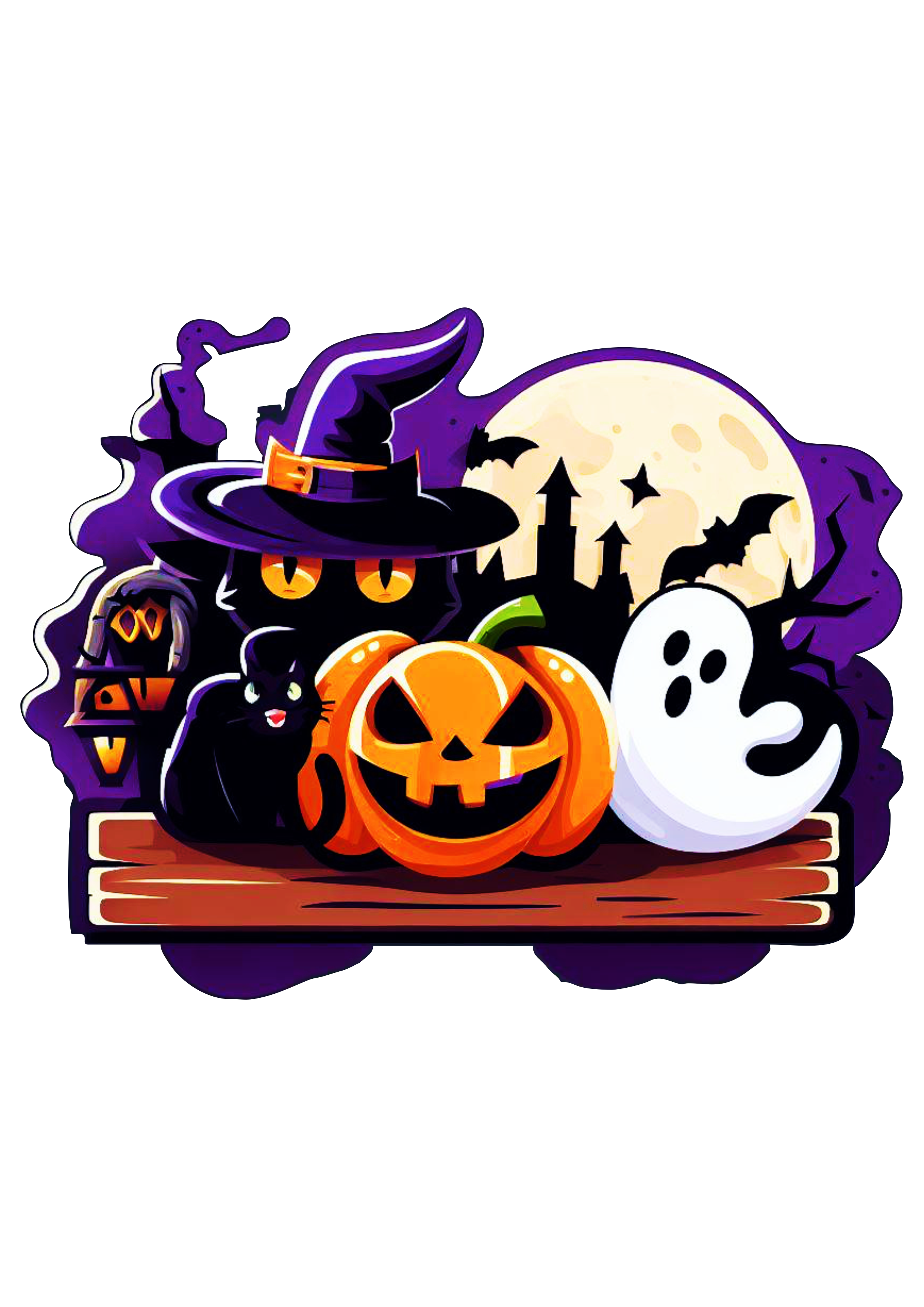 Happy Halloween dia das bruxas desenho simples morcego abóbora fantasma gato preto susto estampa png