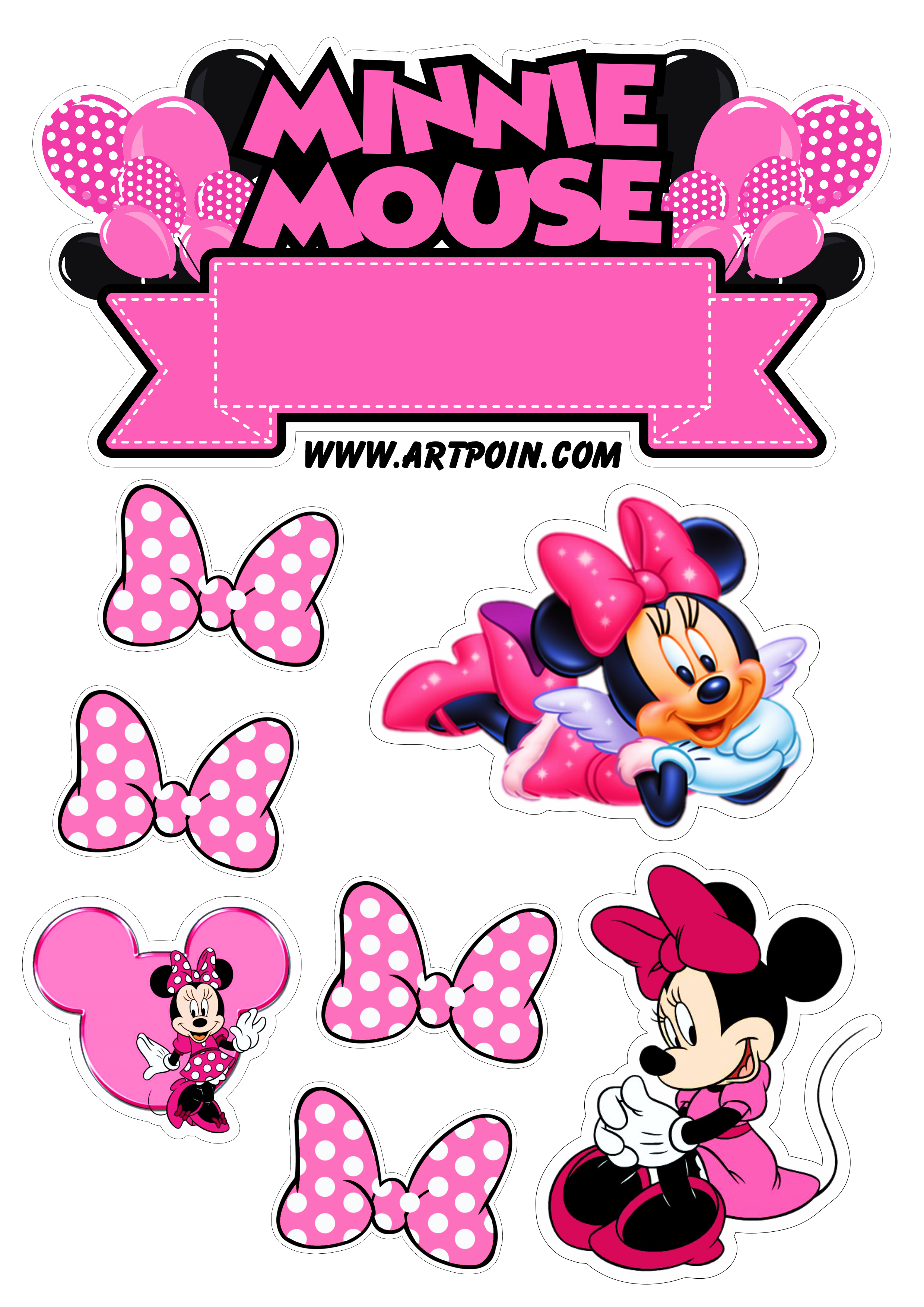 Minnie Mouse rosa topo de bolo para imprimir decoração de festa de aniversário infantil lacinhos menina png