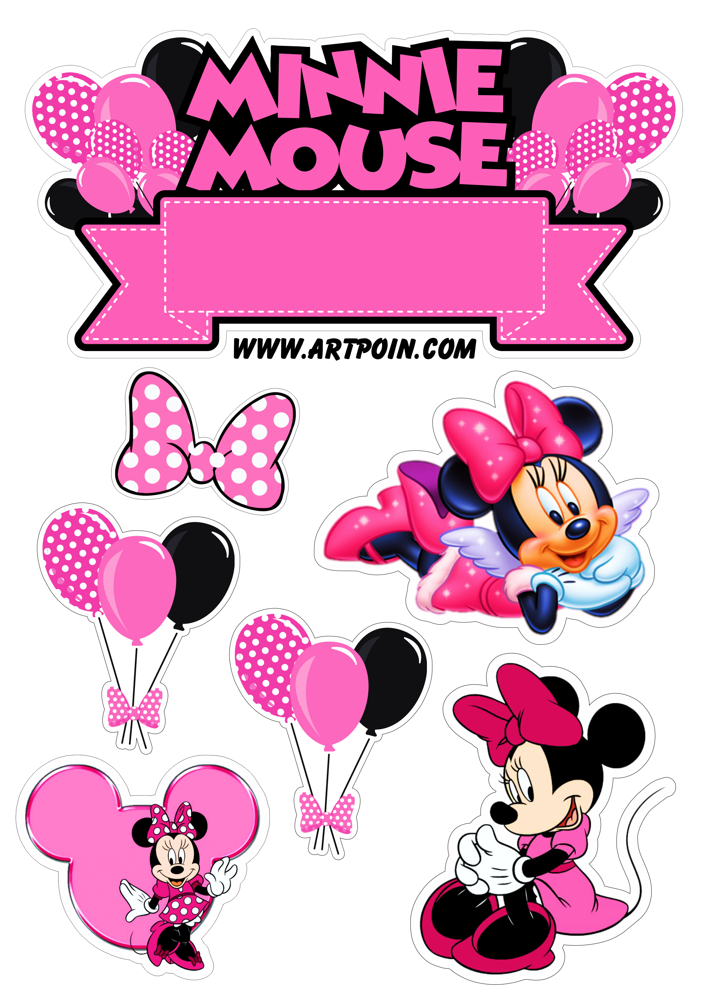 Minnie Mouse rosa topo de bolo para imprimir decoração de festa de aniversário infantil lacinhos menina balões png