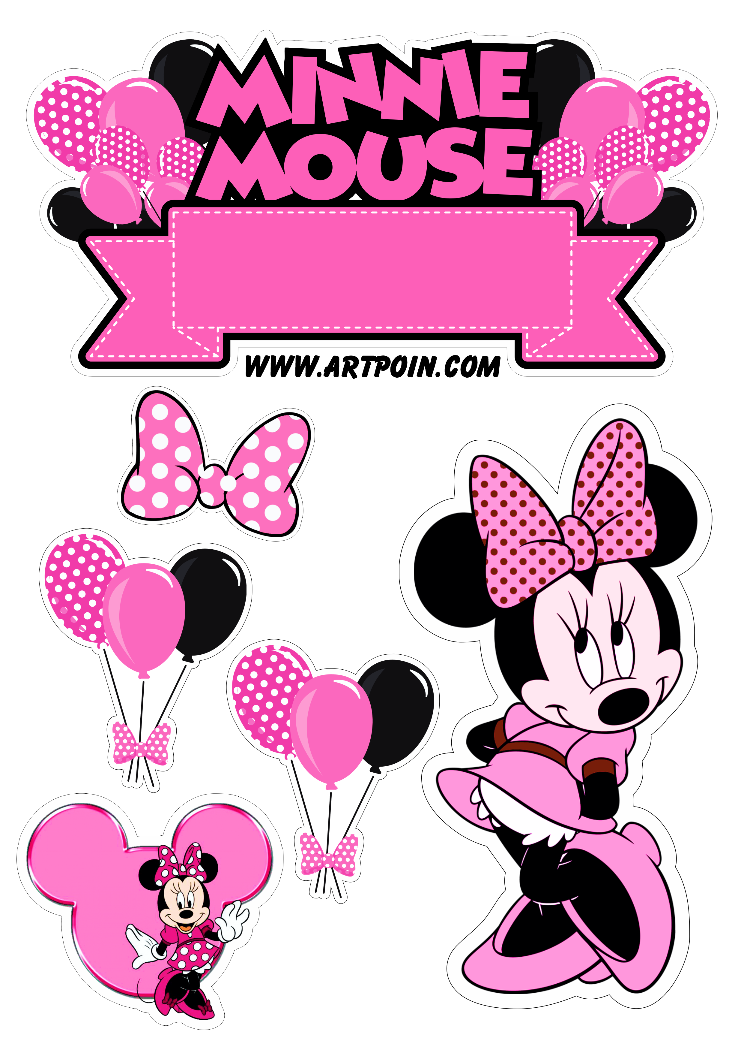 Minnie Mouse rosa topo de bolo para imprimir decoração de festa de aniversário infantil lacinhos menina balões artigos de papelaria png