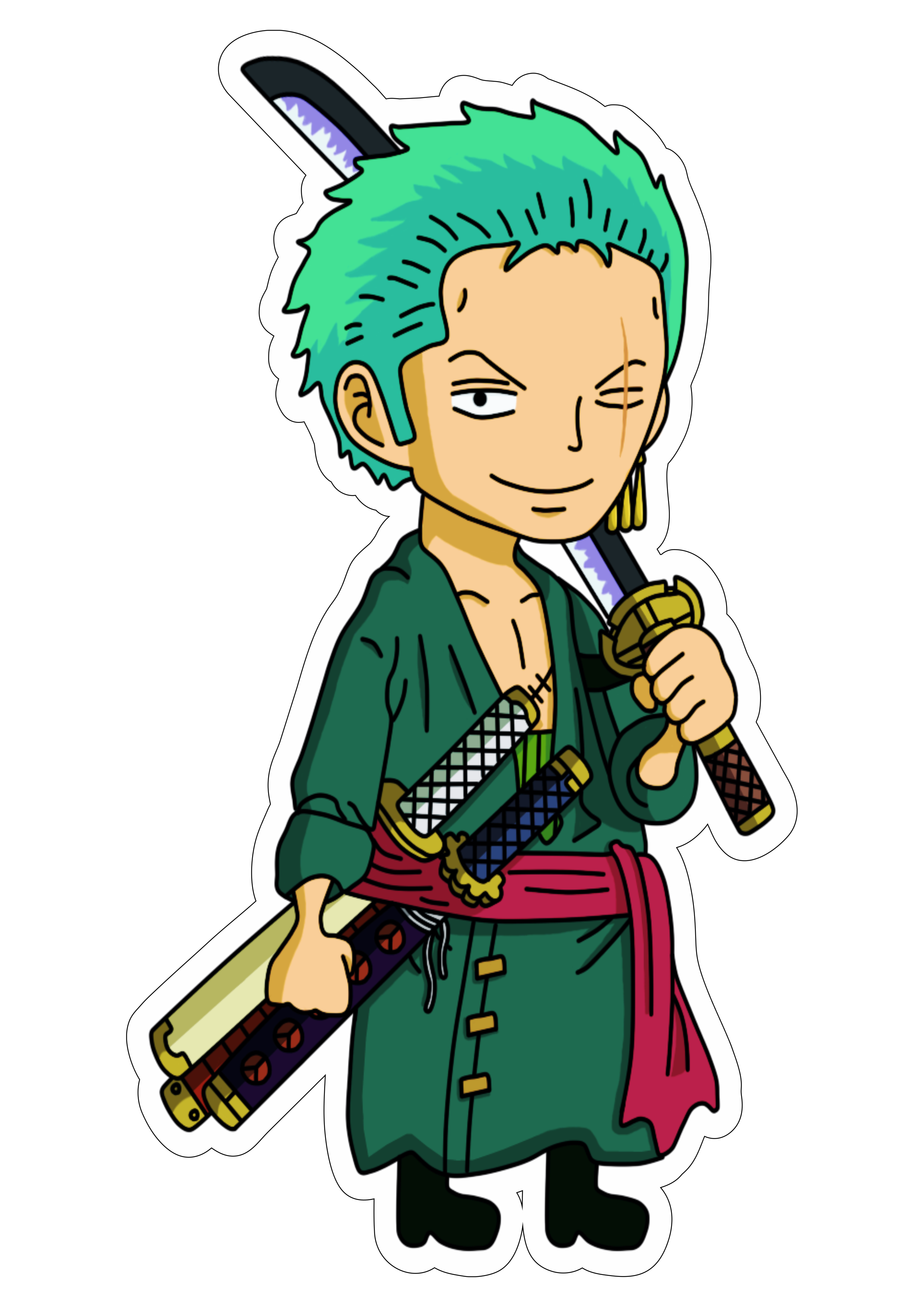 One piece Zoro com espadas pirata desenho cute chibi anime japonês drawing cartoon png