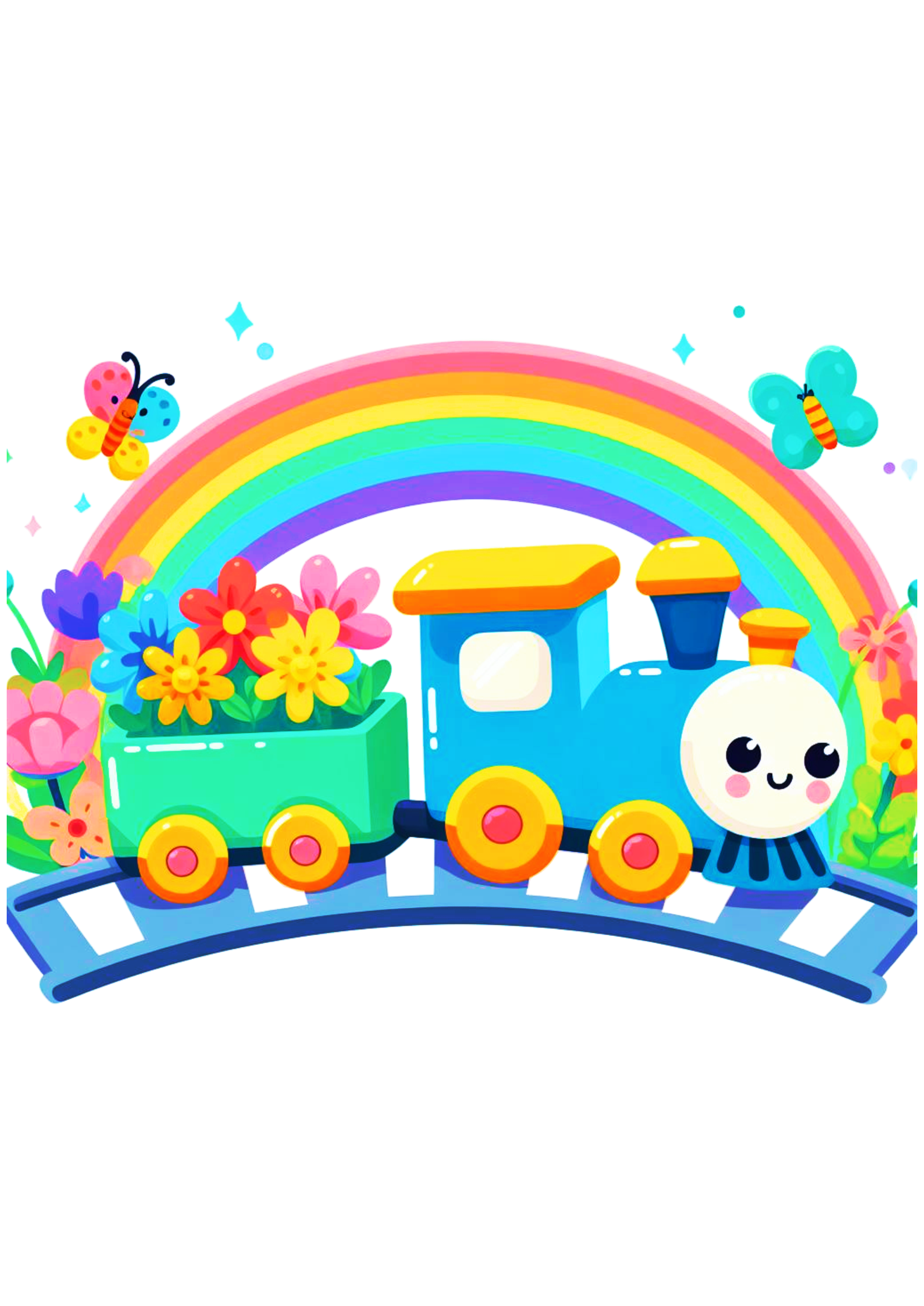 Trenzinho da alegria desenho animado fofinho arco-íris flores e borboletas png