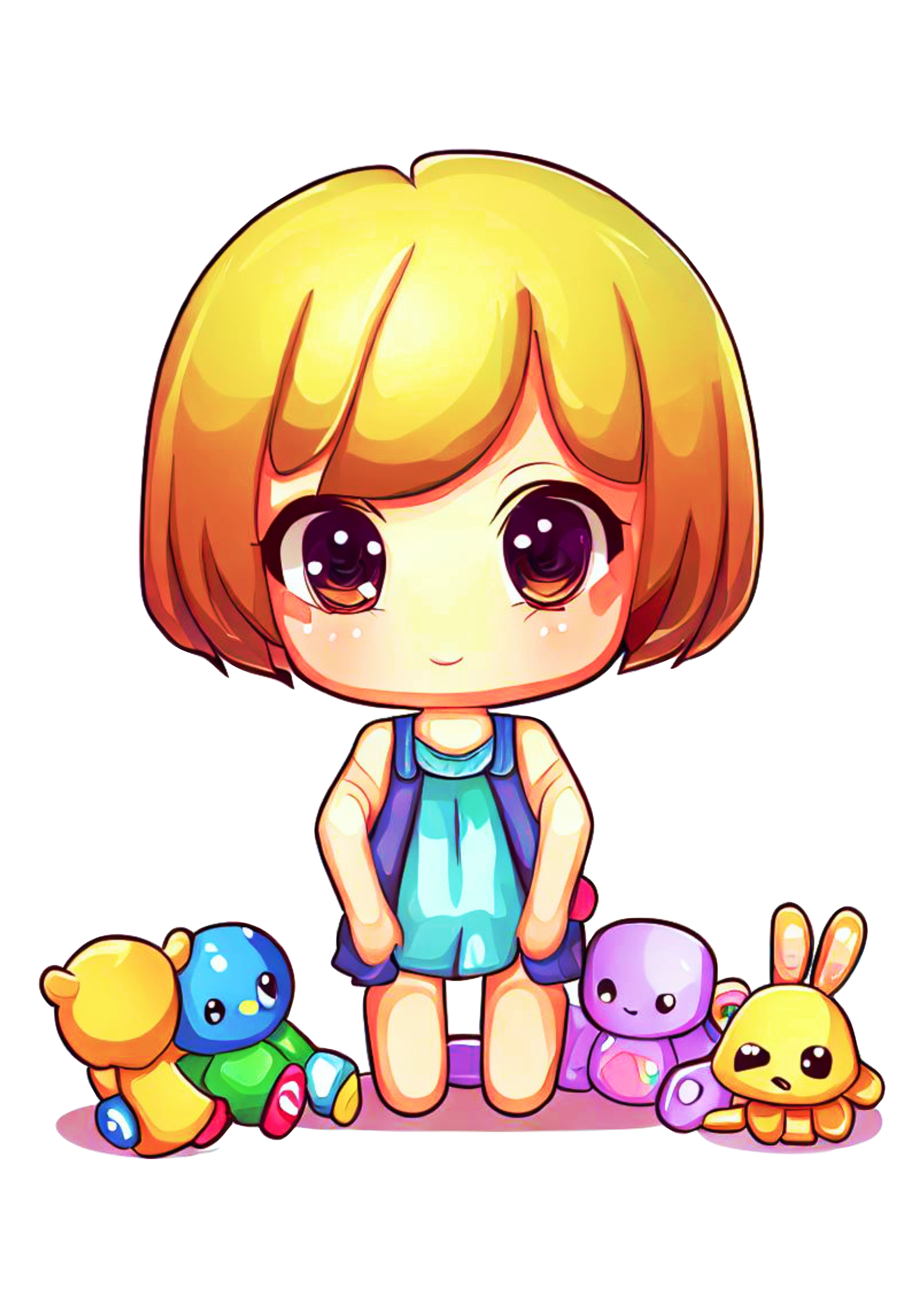 Dia das crianças menina fofinha com brinquedos desenho cute chibi artes gráficas anime ilustração pack de imagens png