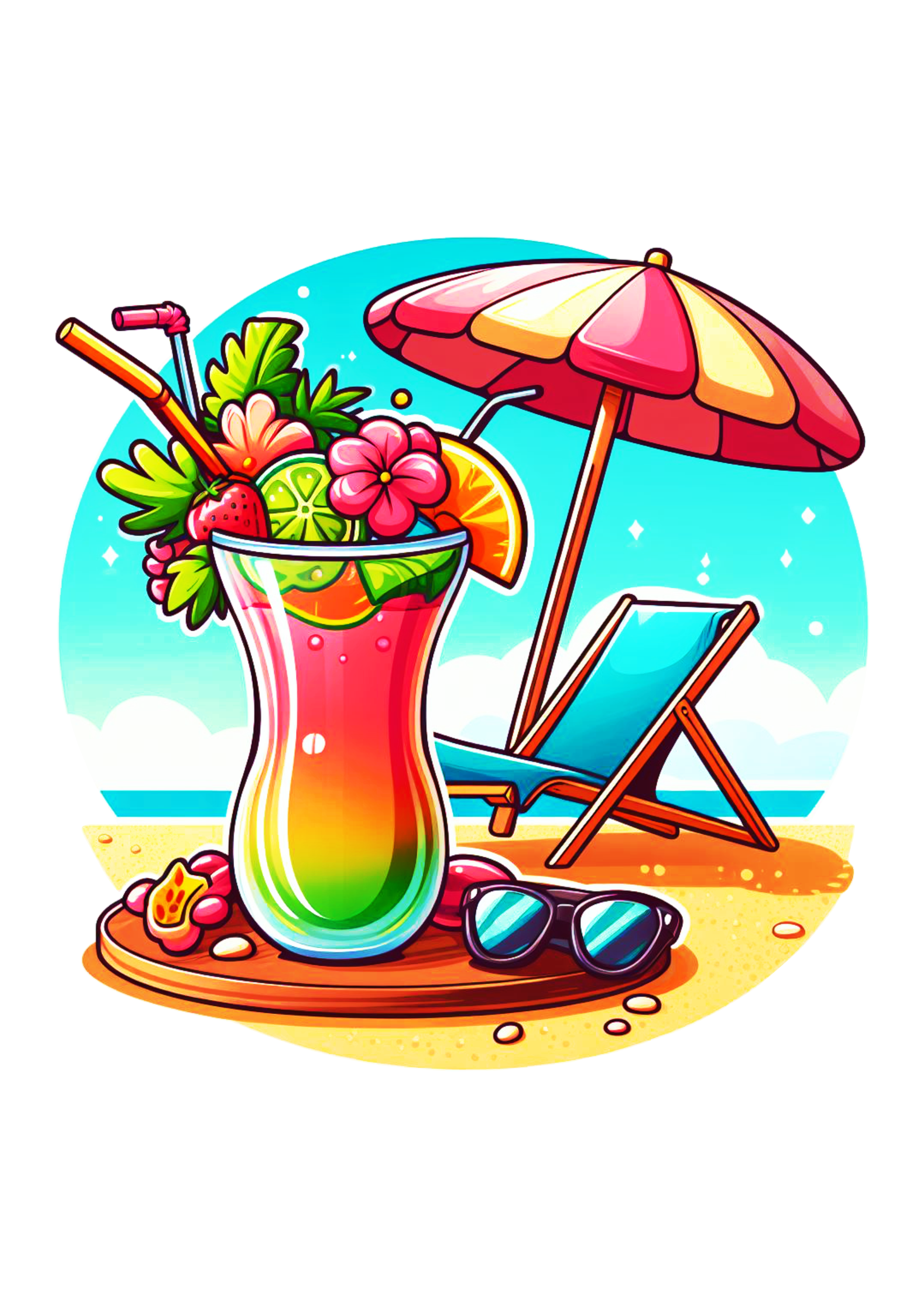 Drink tropical florido tardezinha decoração bebida de praia sol e mar ilustração png
