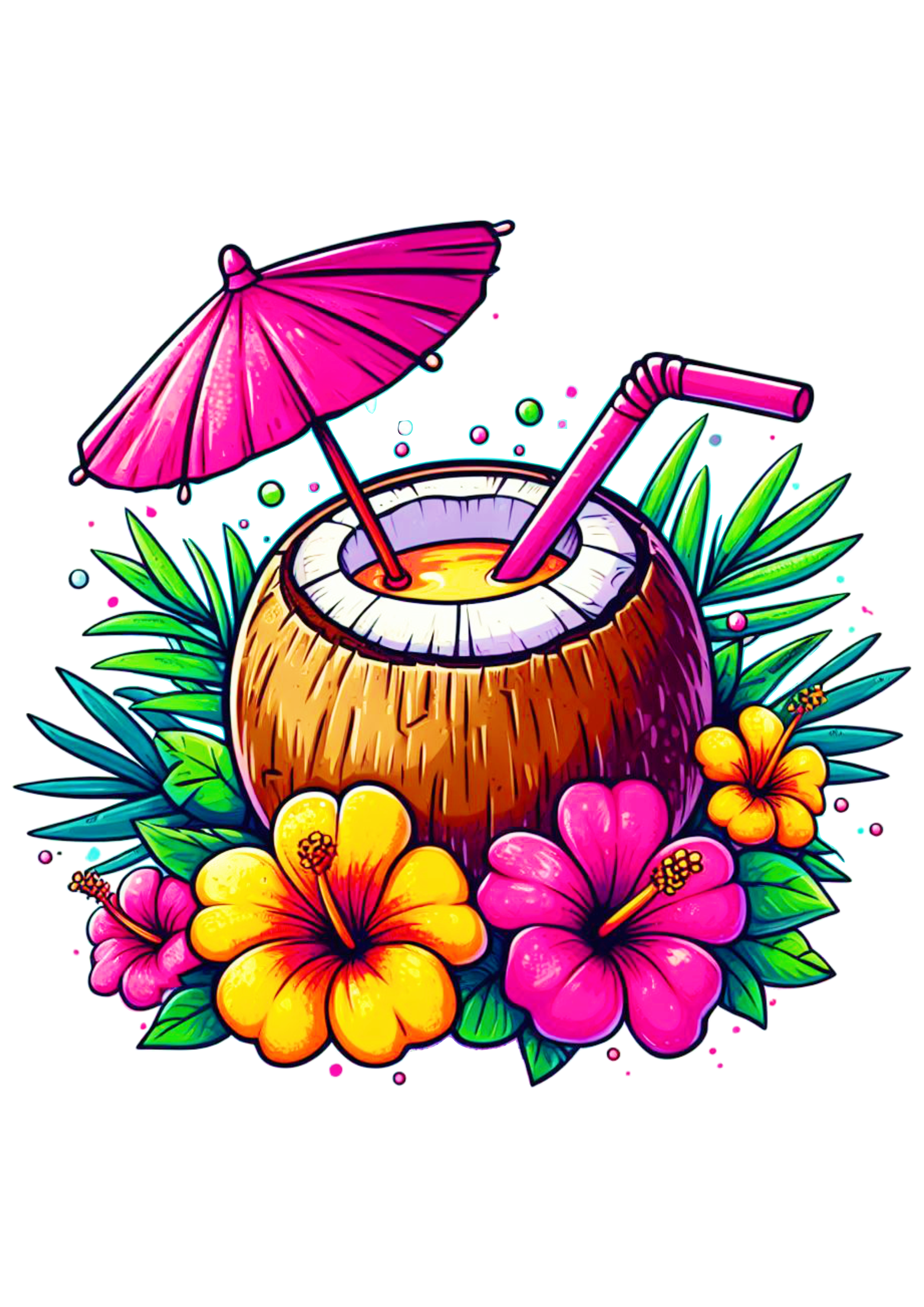 Água de coco tardezinha ilustração colorida imagem fundo transparente drink flores png