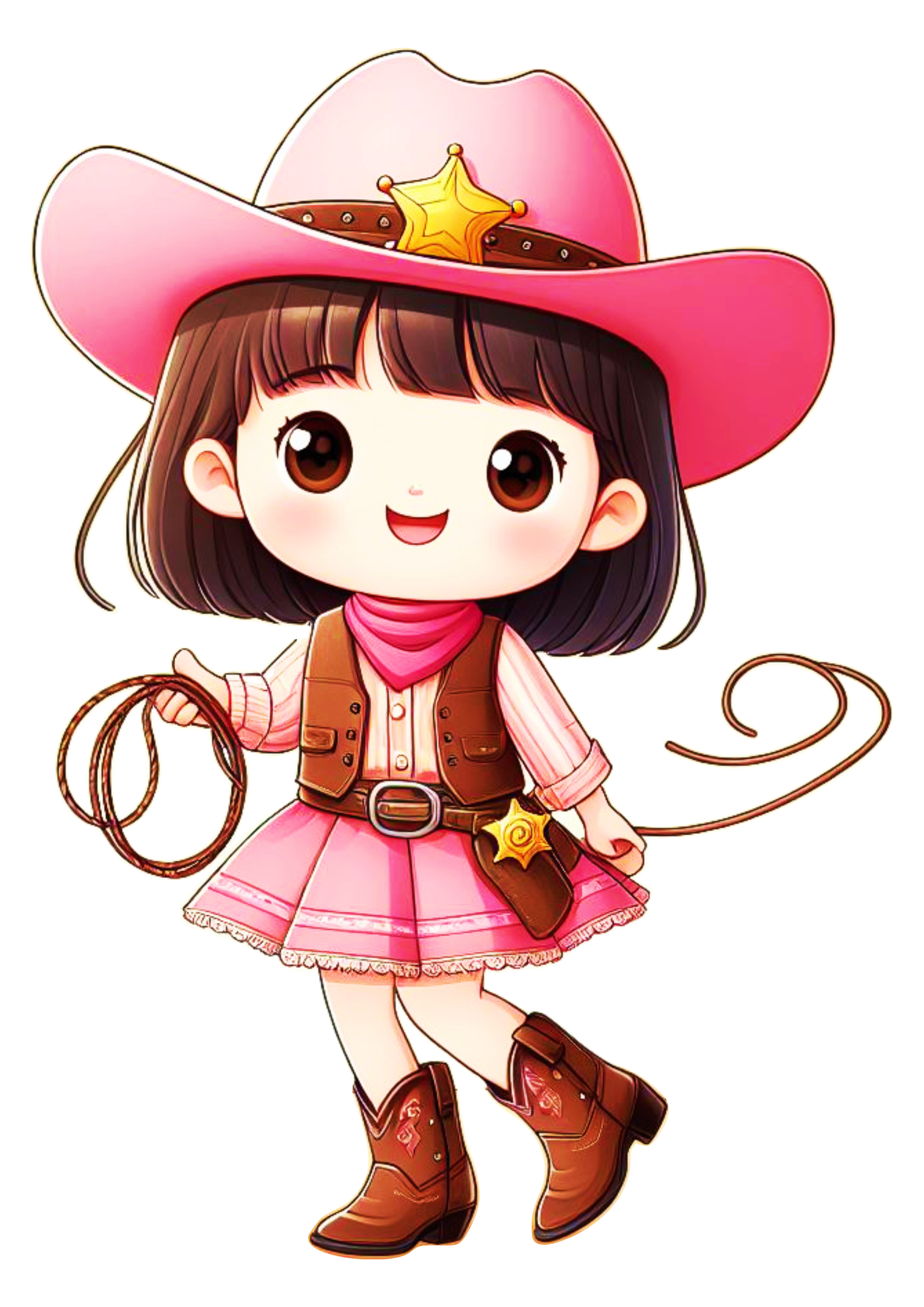 Cowboy desenho simples menina cabelo longo com fantasia rosa png