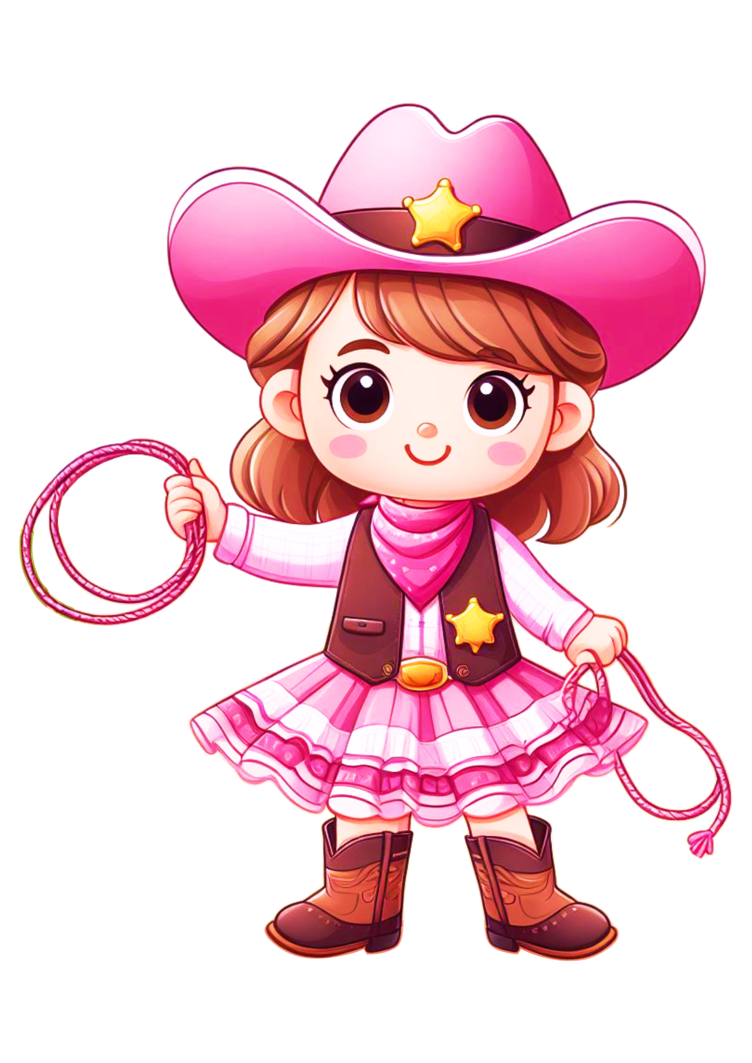 Cowboy desenho simples menina cabelo curto com fantasia rosa cowgirl xerife png