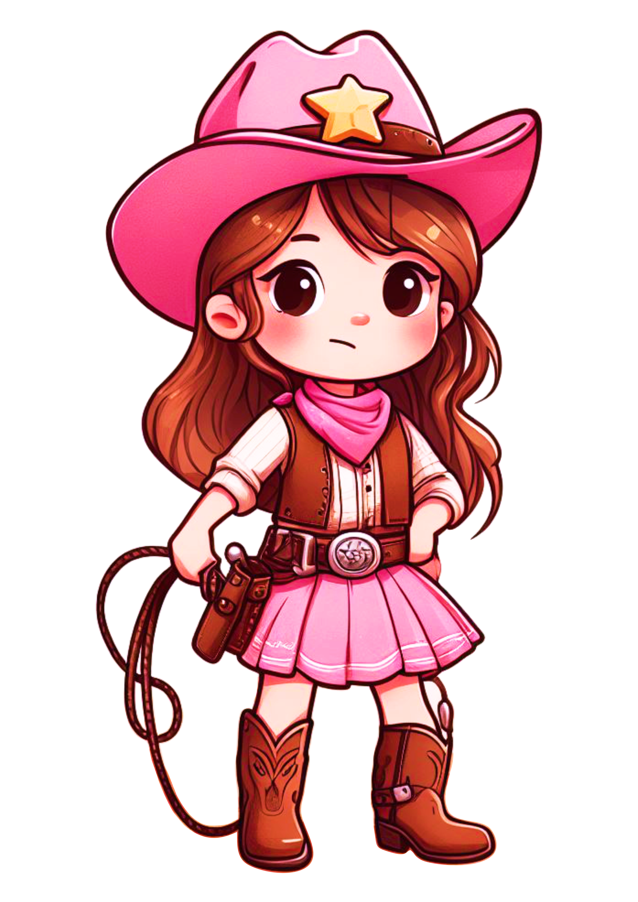 Cowboy desenho simples menina cabelo longo com fantasia rosa cowgirl xerife png