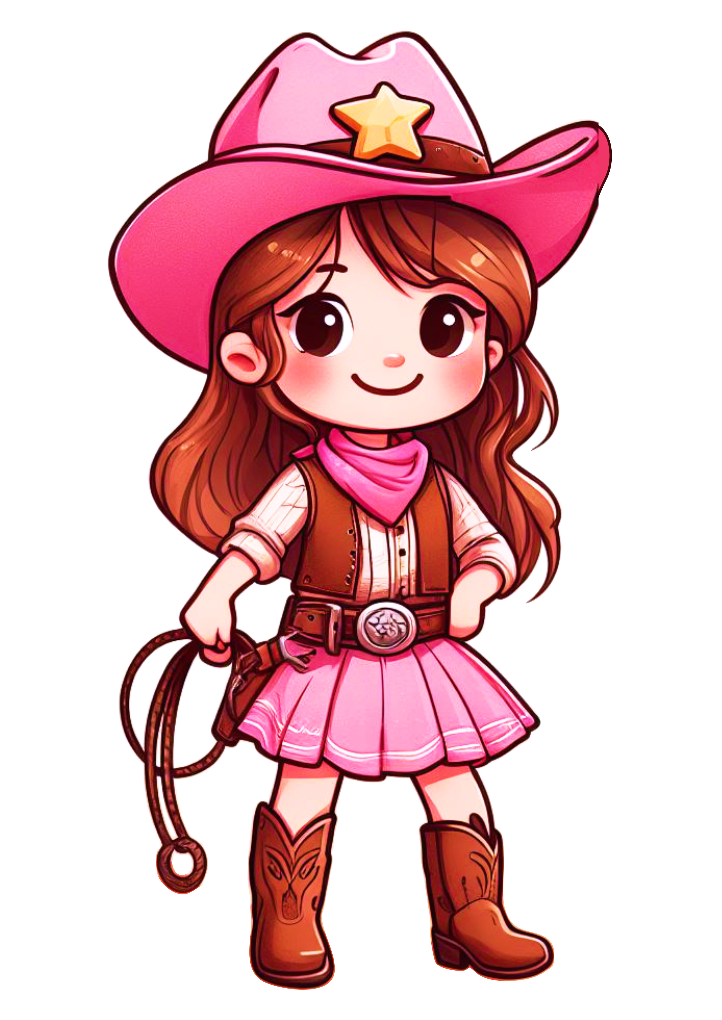 Cowboy desenho simples menina cabelo longo com fantasia rosa cowgirl xerife linda png