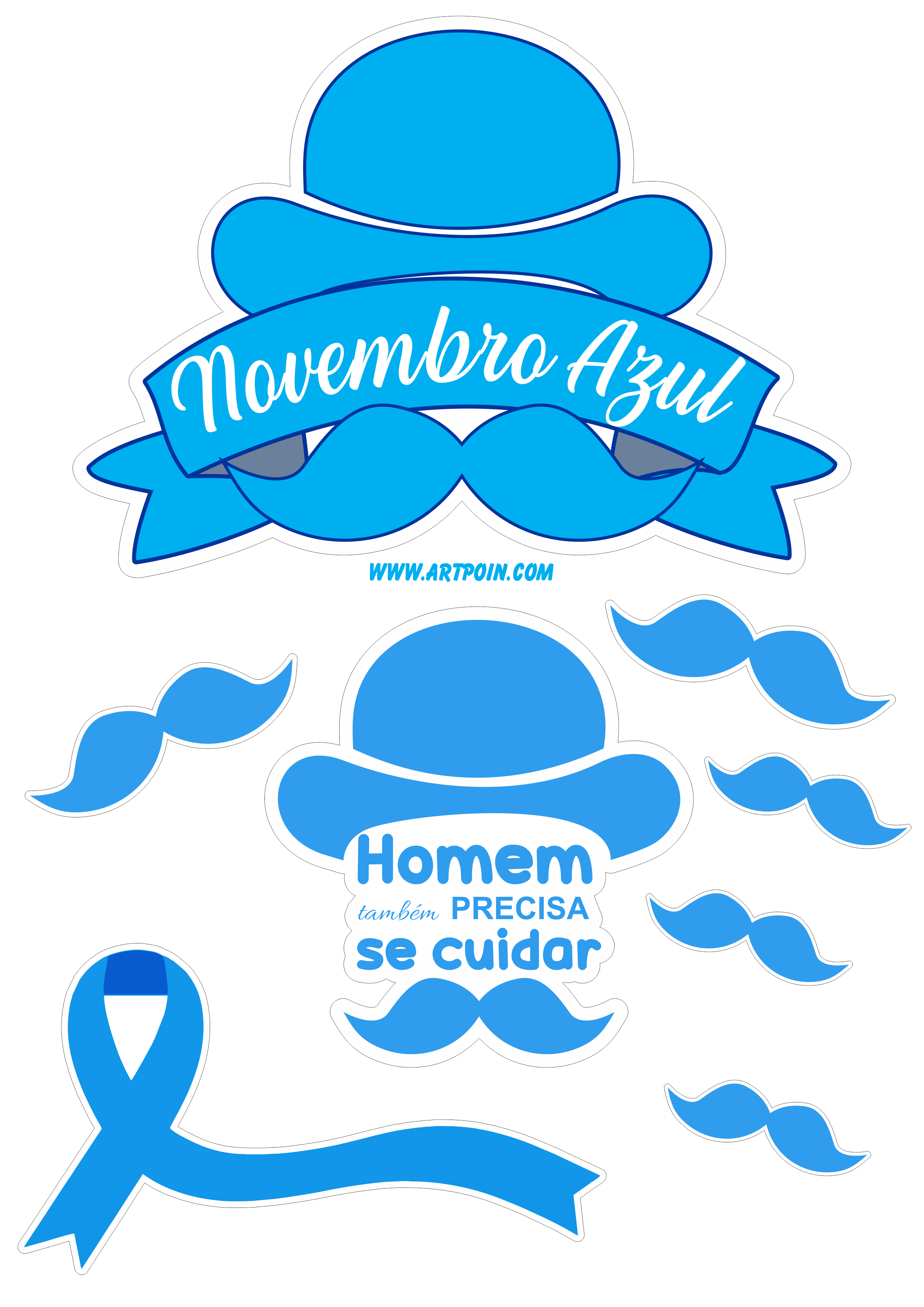 Novembro azul topo de bolo para imprimir mês de conscientização sobre o câncer de próstata bigode e lacinho artigos de papelaria png
