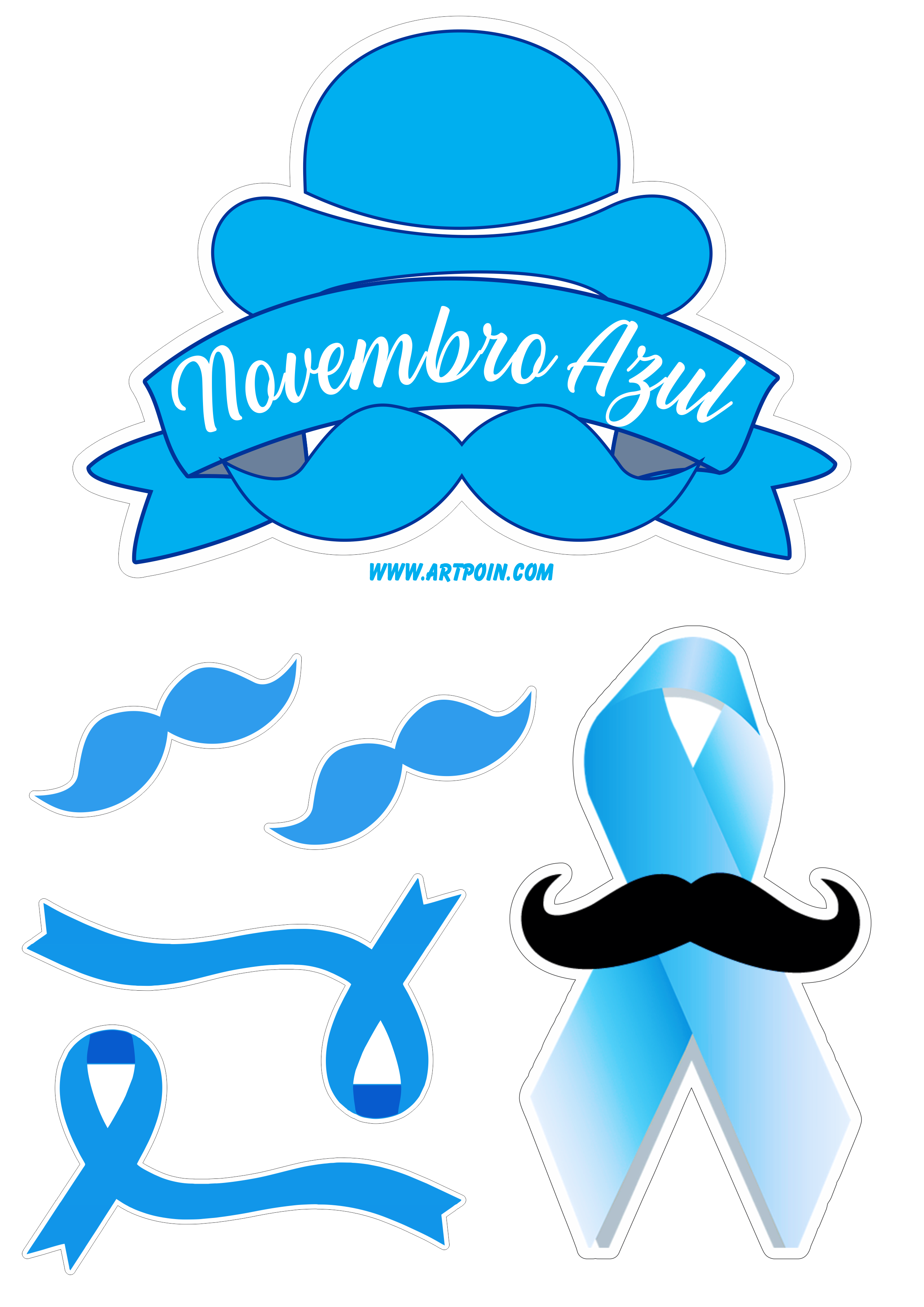 Novembro azul topo de bolo para imprimir mês de conscientização sobre o câncer de próstata bigode e lacinho decoração png