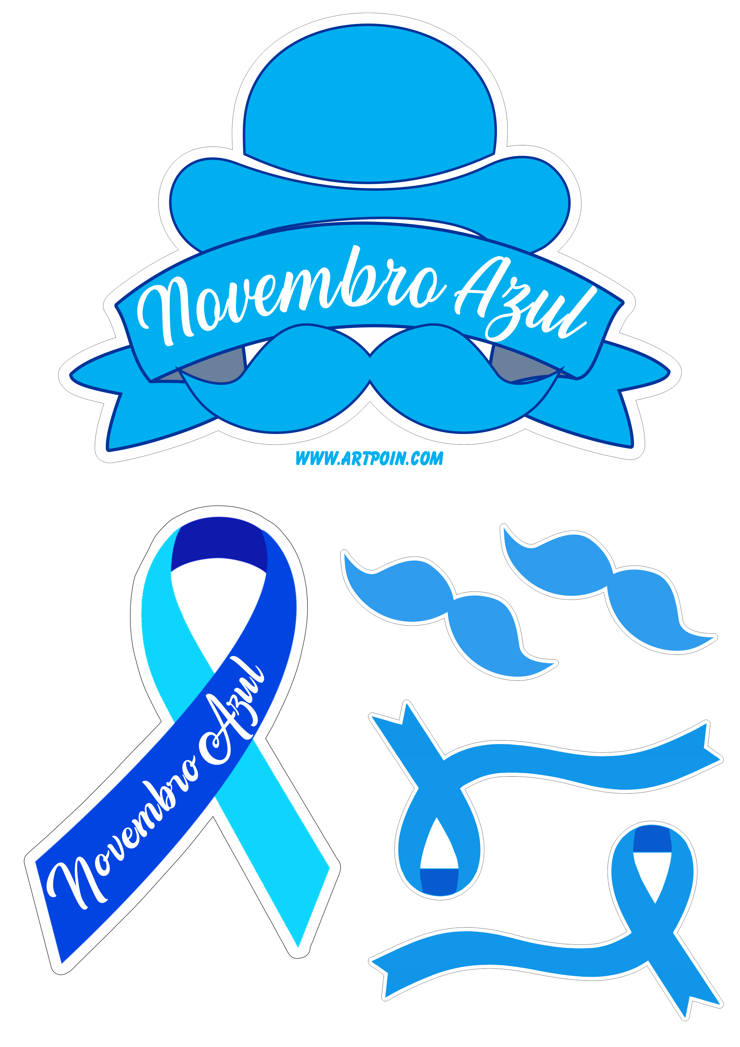 Novembro azul topo de bolo para imprimir mês de conscientização sobre o câncer de próstata bigode e lacinho decoração artes gráficas png