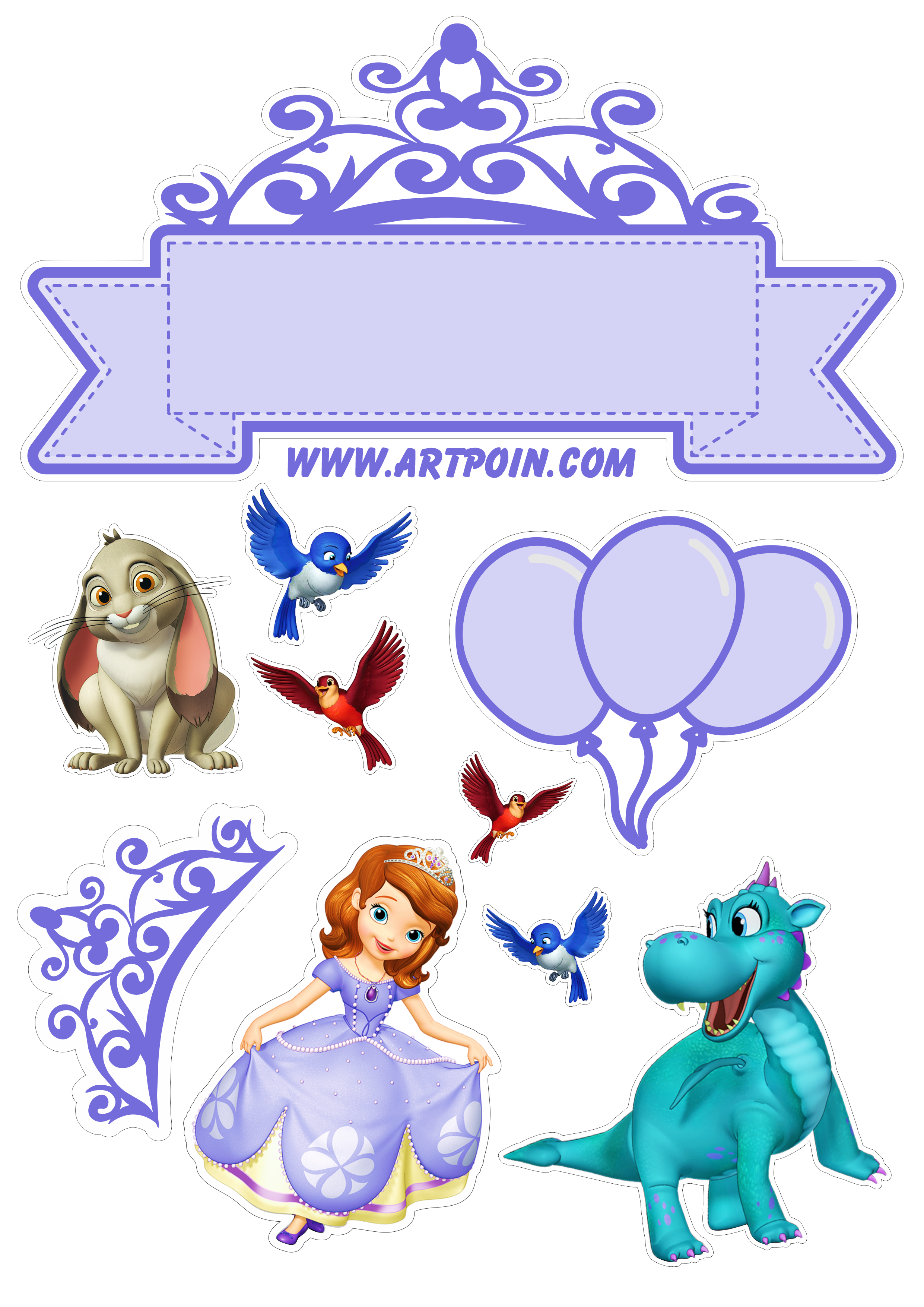 Princesinha Sofia disney topo de bolo para imprimir aniversário infantil faixas decorativas festa pronta animais e balões png