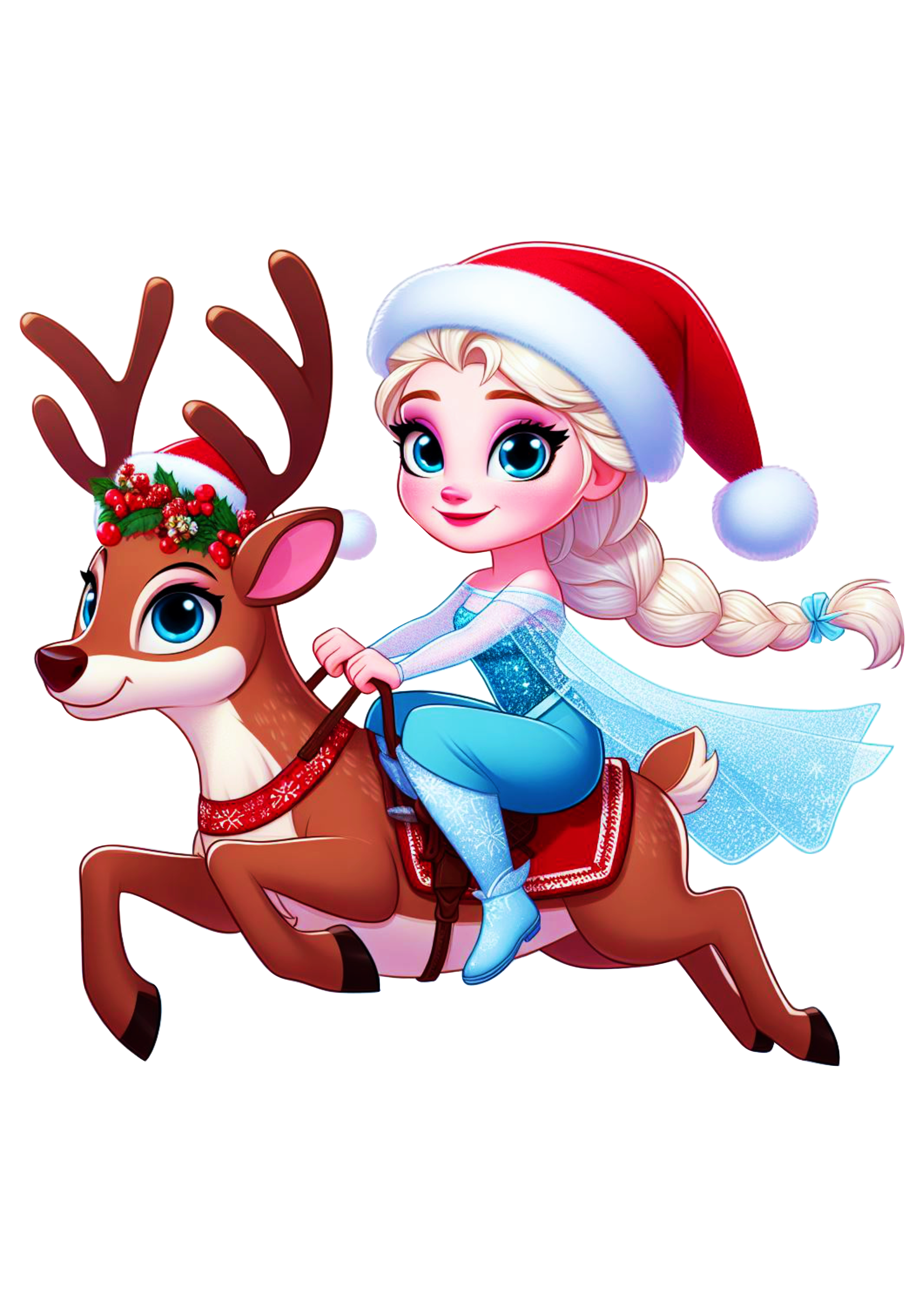 Frozen especial de natal animação infantil Elsa com gorro do Papai Noel montada em uma rena png
