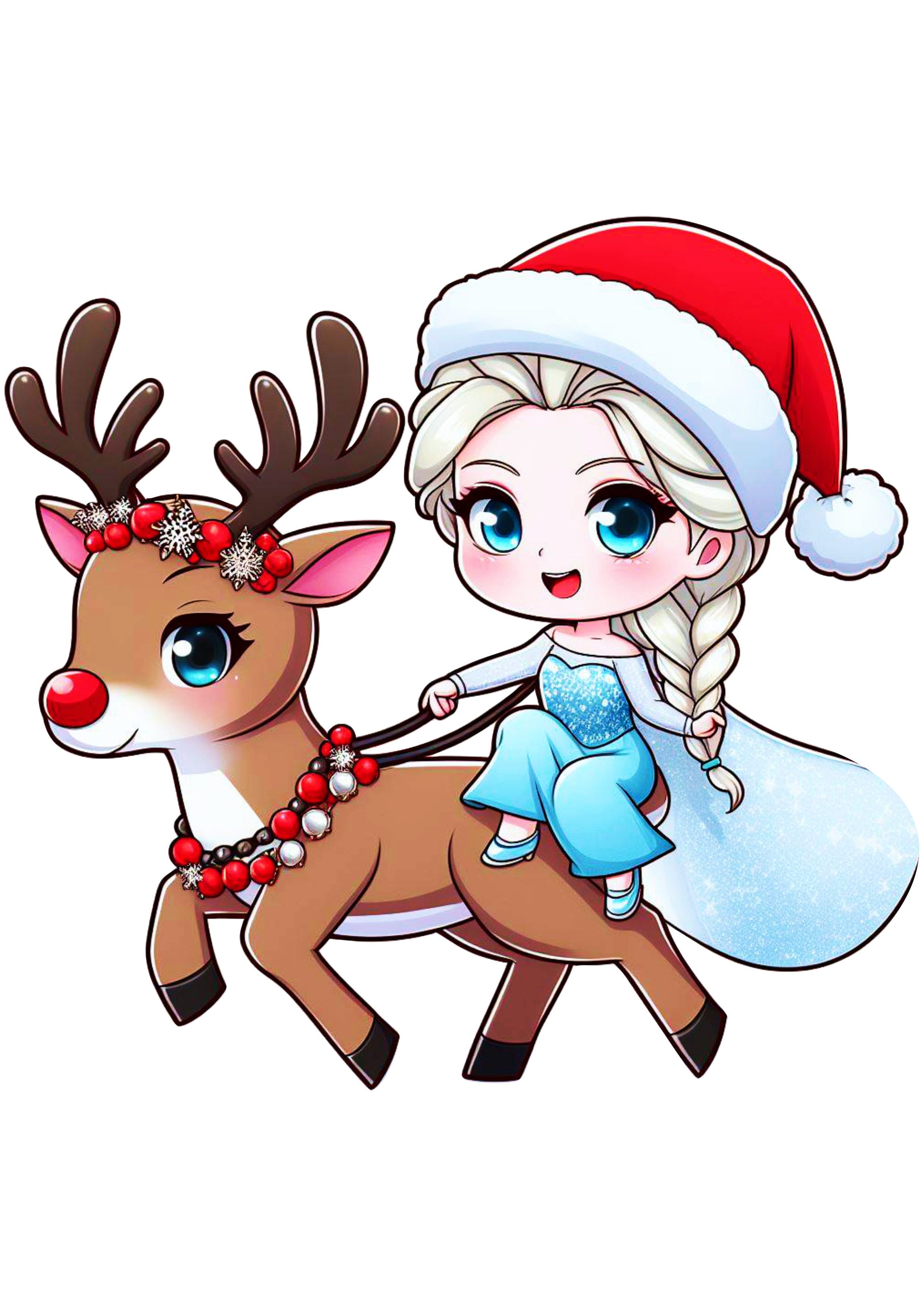 Frozen especial de natal animação infantil Elsa com gorro do Papai Noel montada em uma rena desenho infantil png