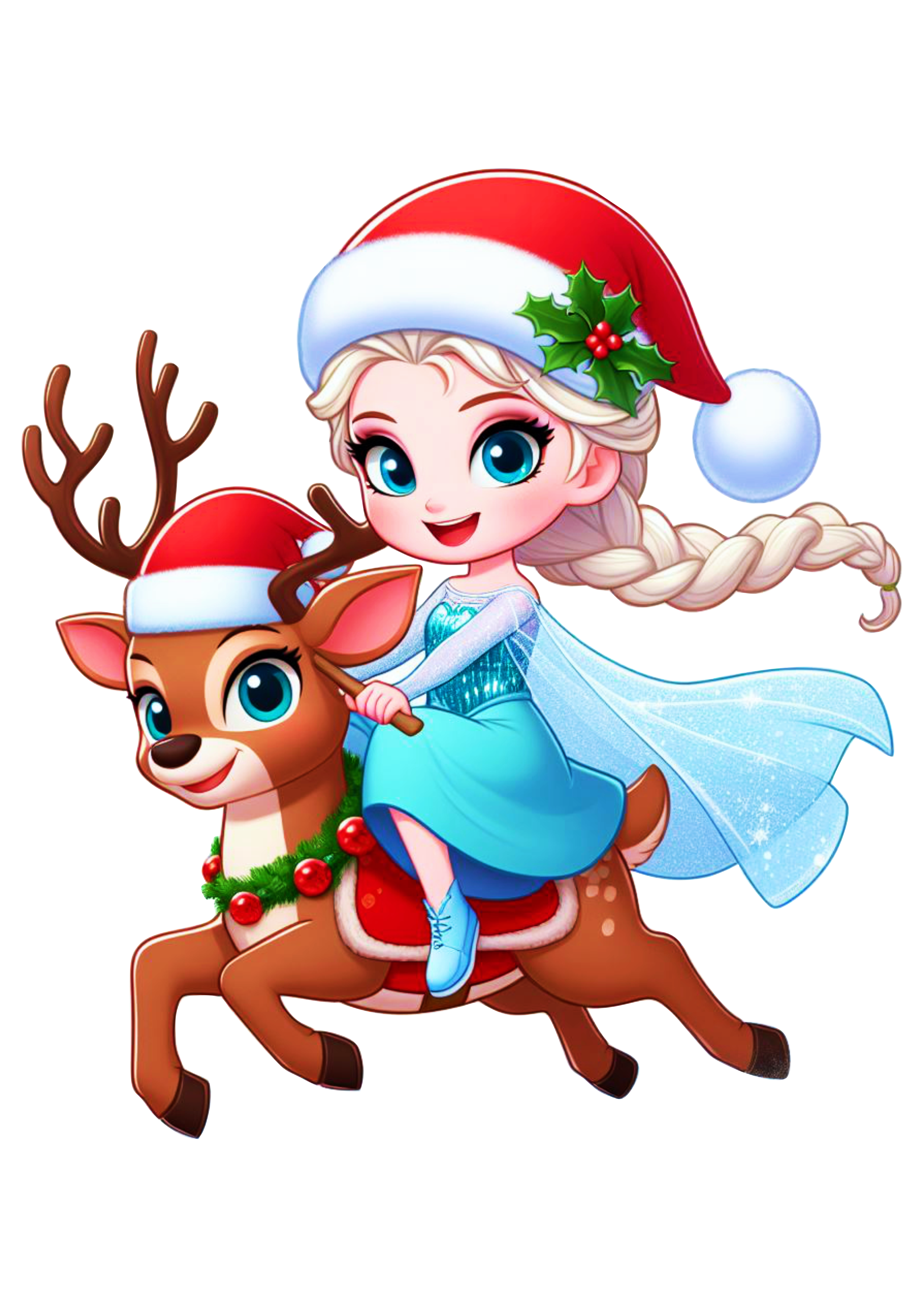 Frozen especial de natal animação infantil Elsa com gorro do Papai Noel montada em uma rena desenho infantil ilustração png