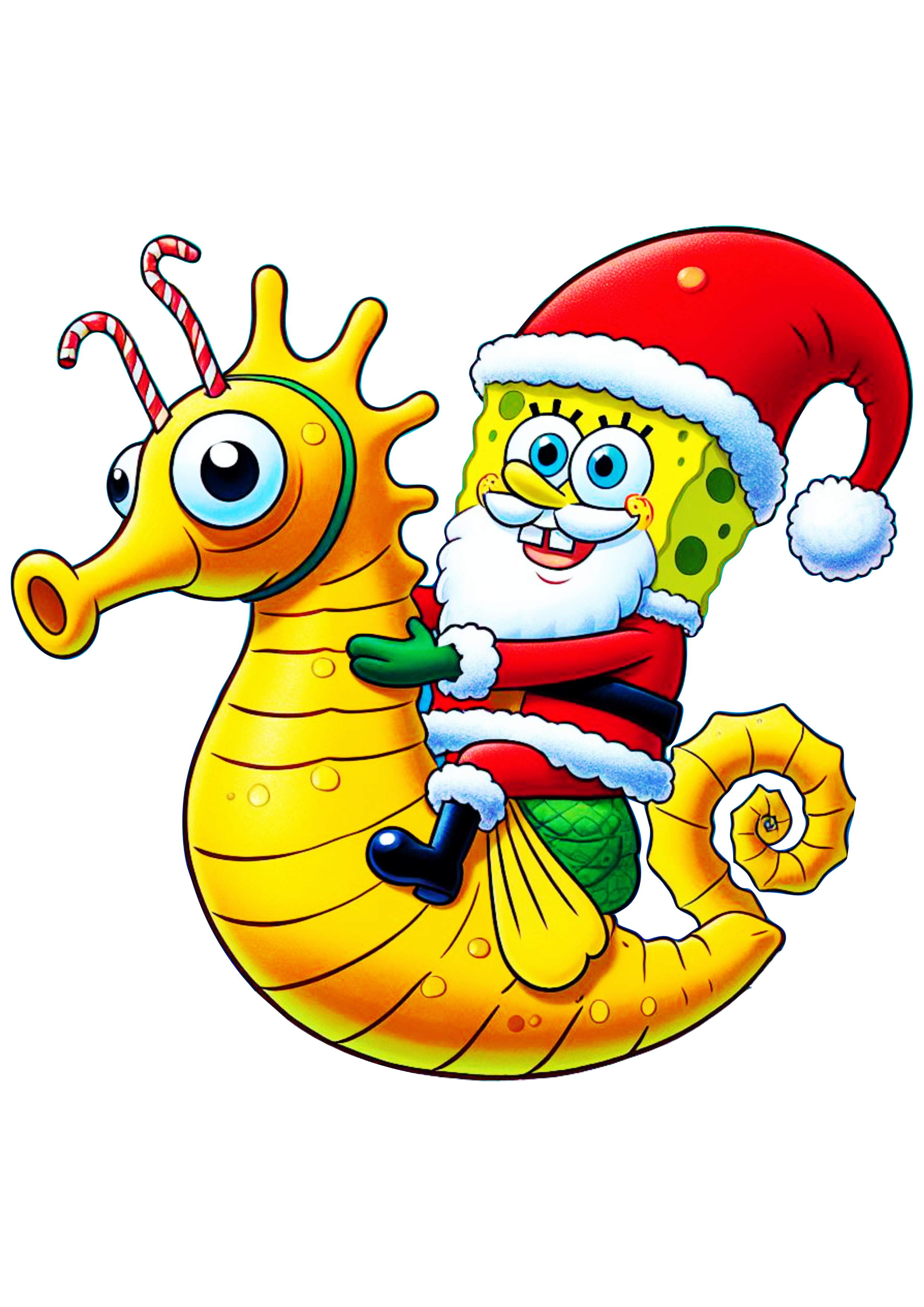 Bob esponja calça quadrada fantasiado de Papai Noel desenho de natal ilustração montado em um cavalo marinho fenda do bikini png