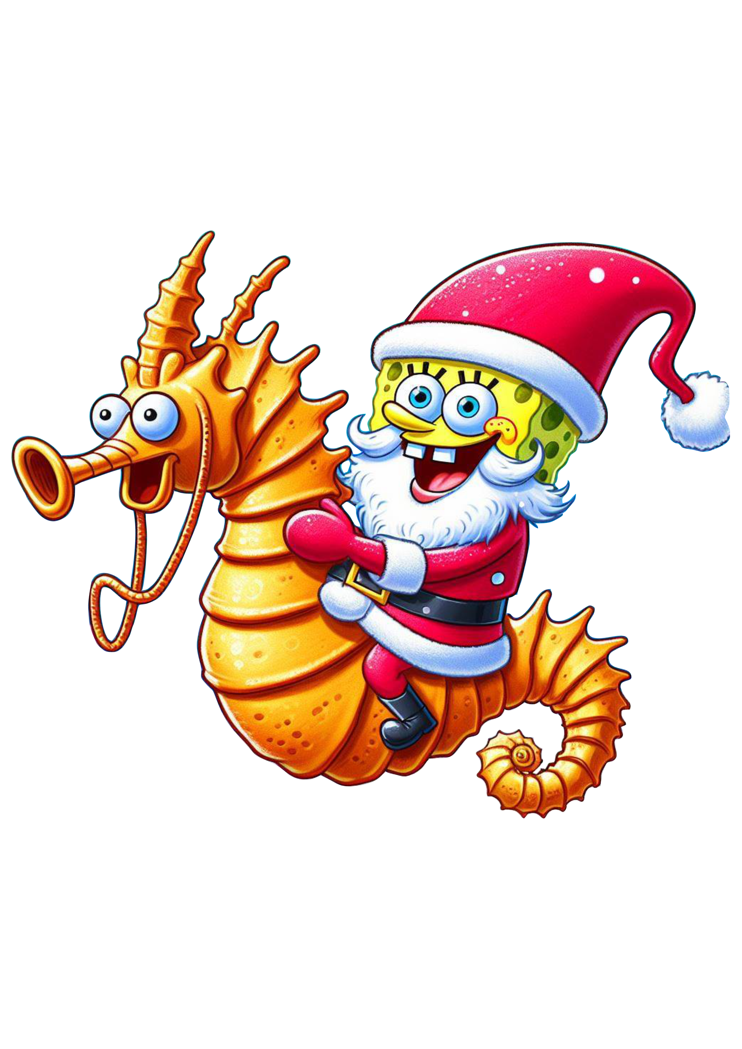Bob esponja calça quadrada fantasiado de Papai Noel desenho de natal ilustração montado em um cavalo marinho fundo transparente png