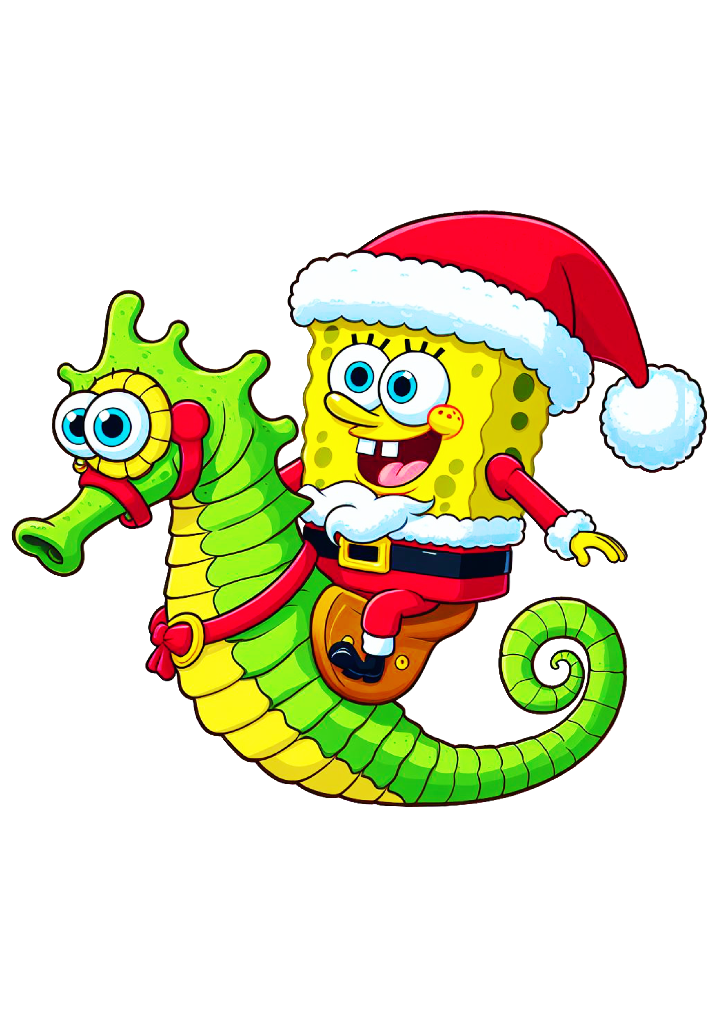 Bob esponja calça quadrada fantasiado de Papai Noel desenho de natal ilustração montado em um cavalo marinho kids png