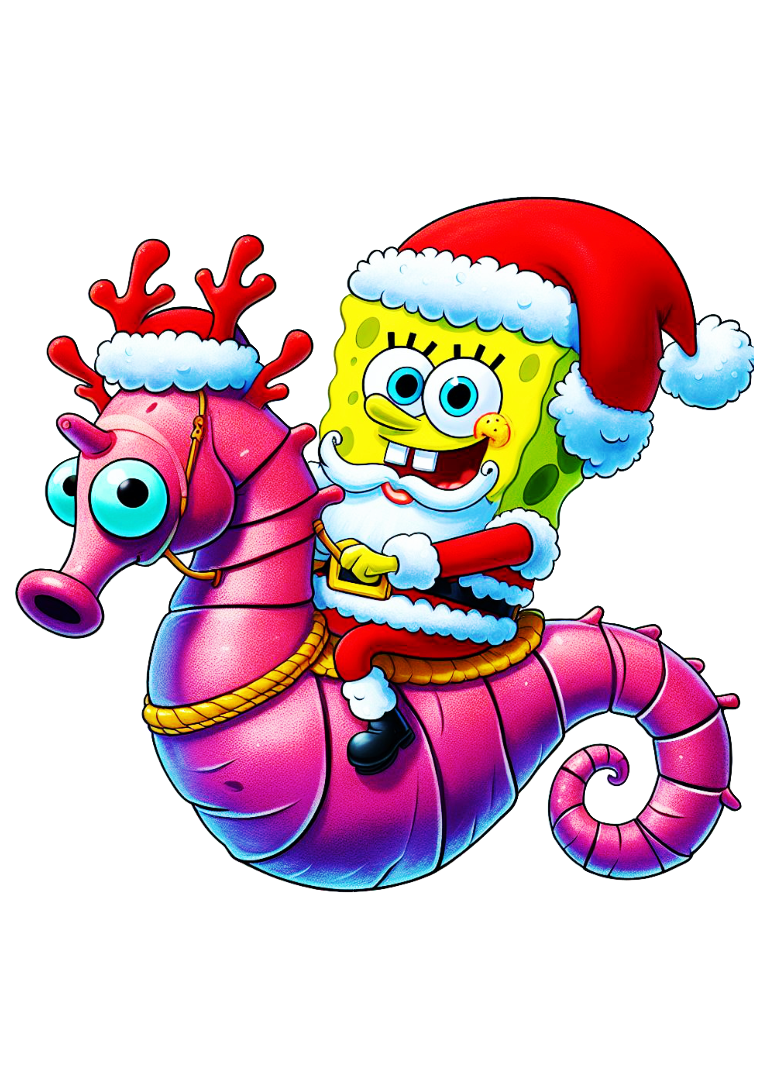 Bob esponja calça quadrada fantasiado de Papai Noel desenho de natal ilustração montado em um cavalo marinho infantil png