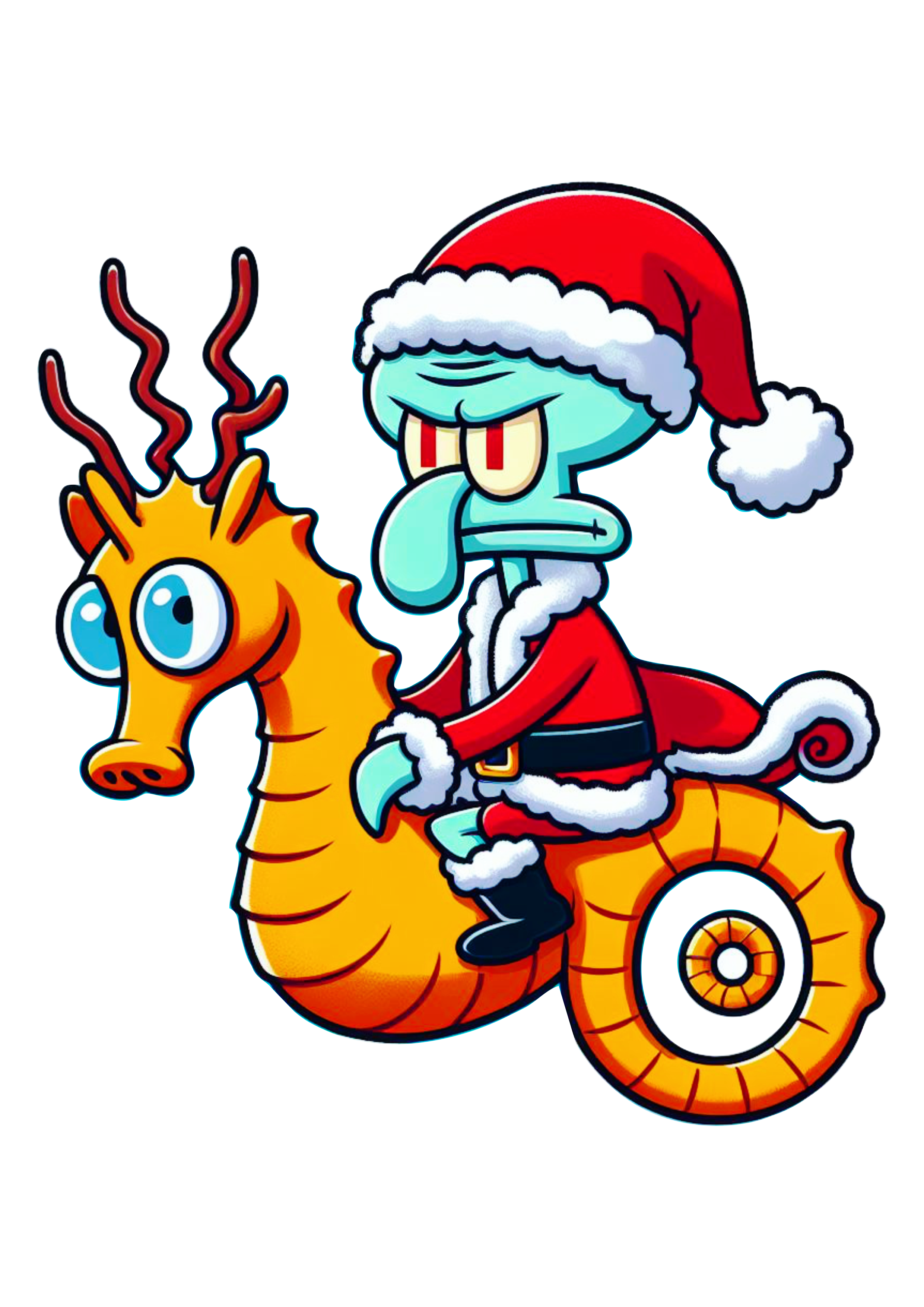 Bob esponja calça quadrada Lula Molusco fantasiado de Papai Noel montado em um cavalo marinho png