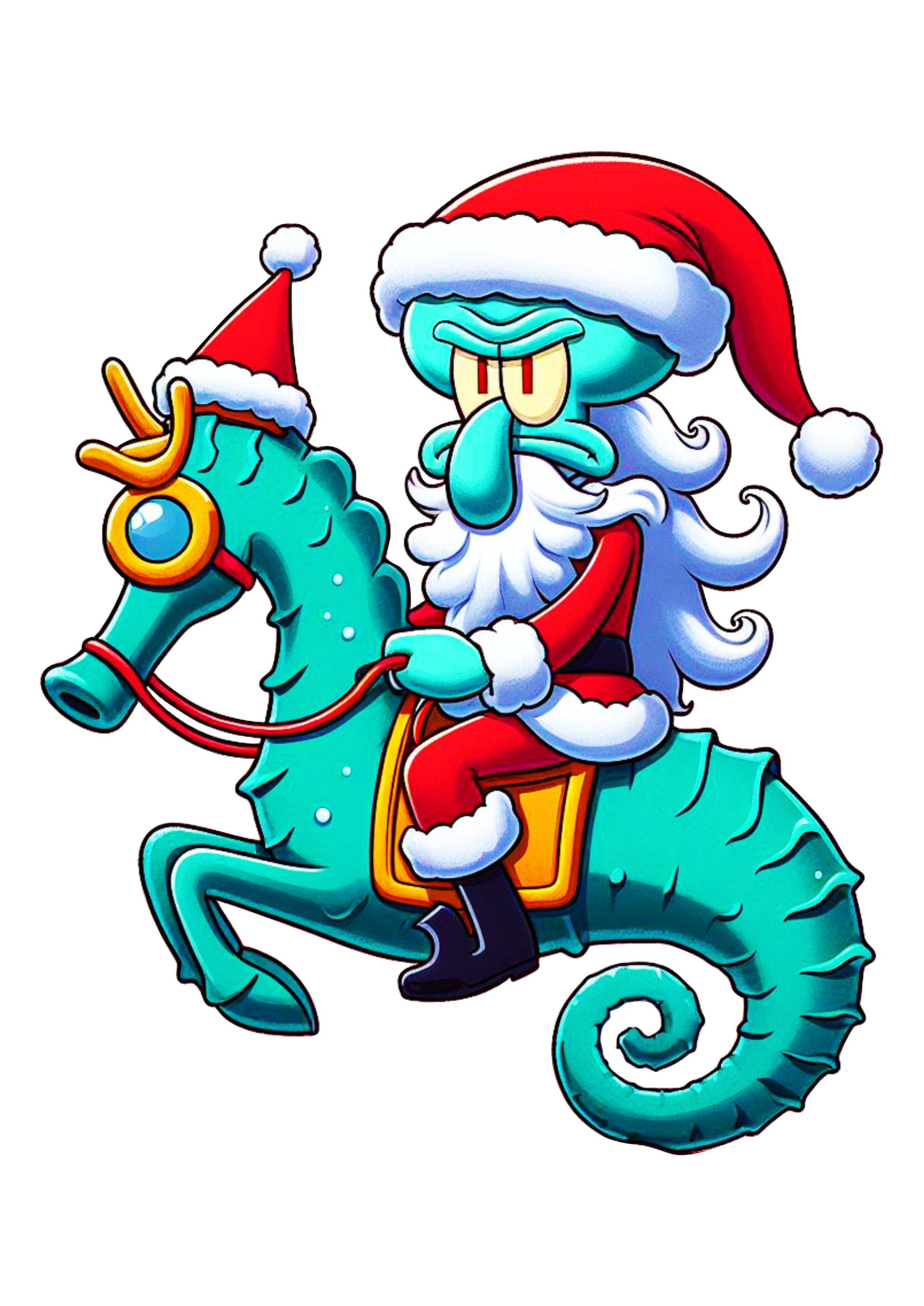 Bob esponja calça quadrada Lula Molusco fantasiado de Papai Noel montado em um cavalo marinho desenho infantil png