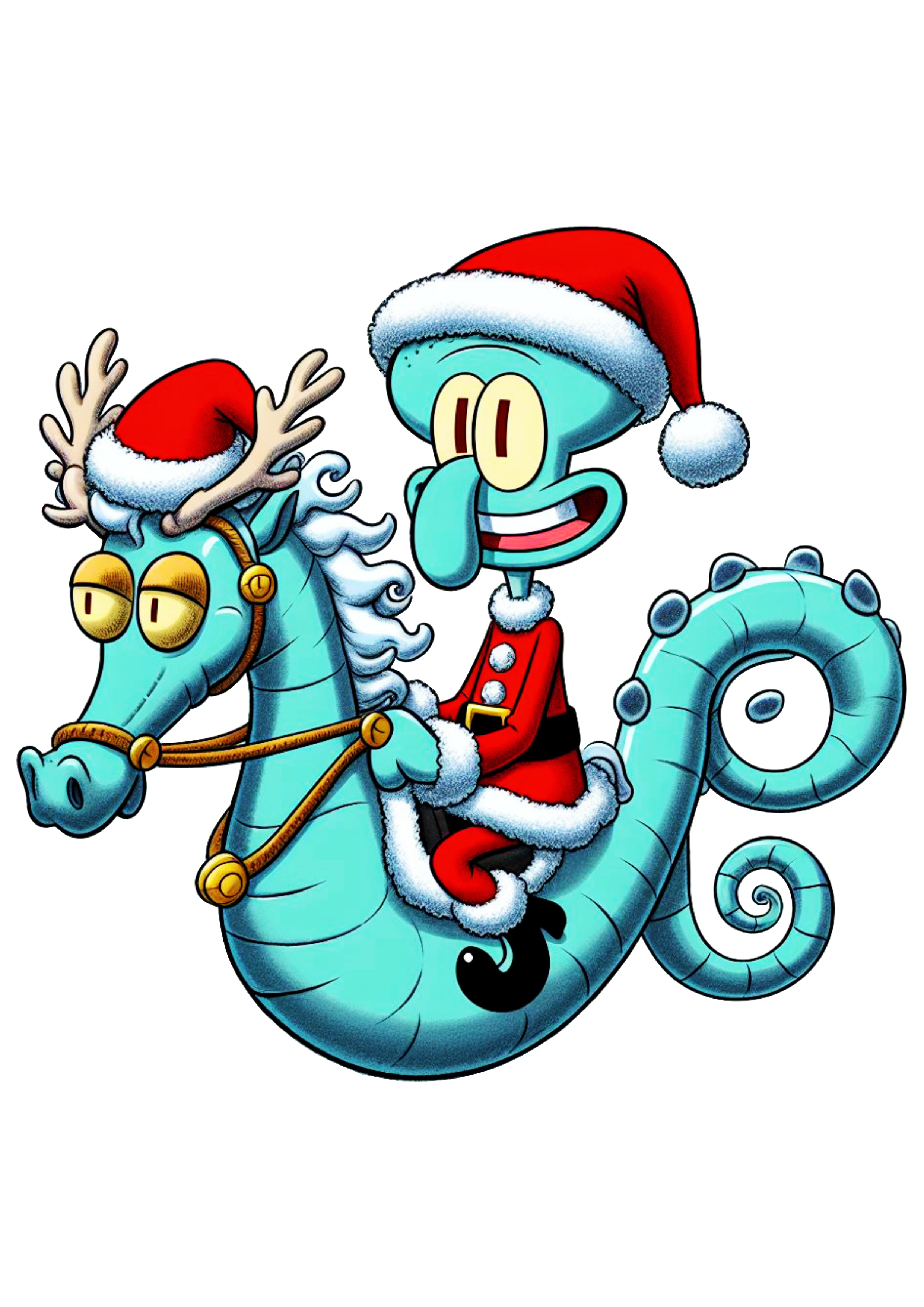 Bob esponja calça quadrada Lula Molusco fantasiado de Papai Noel montado em um cavalo marinho desenho infantil fundo transparente png