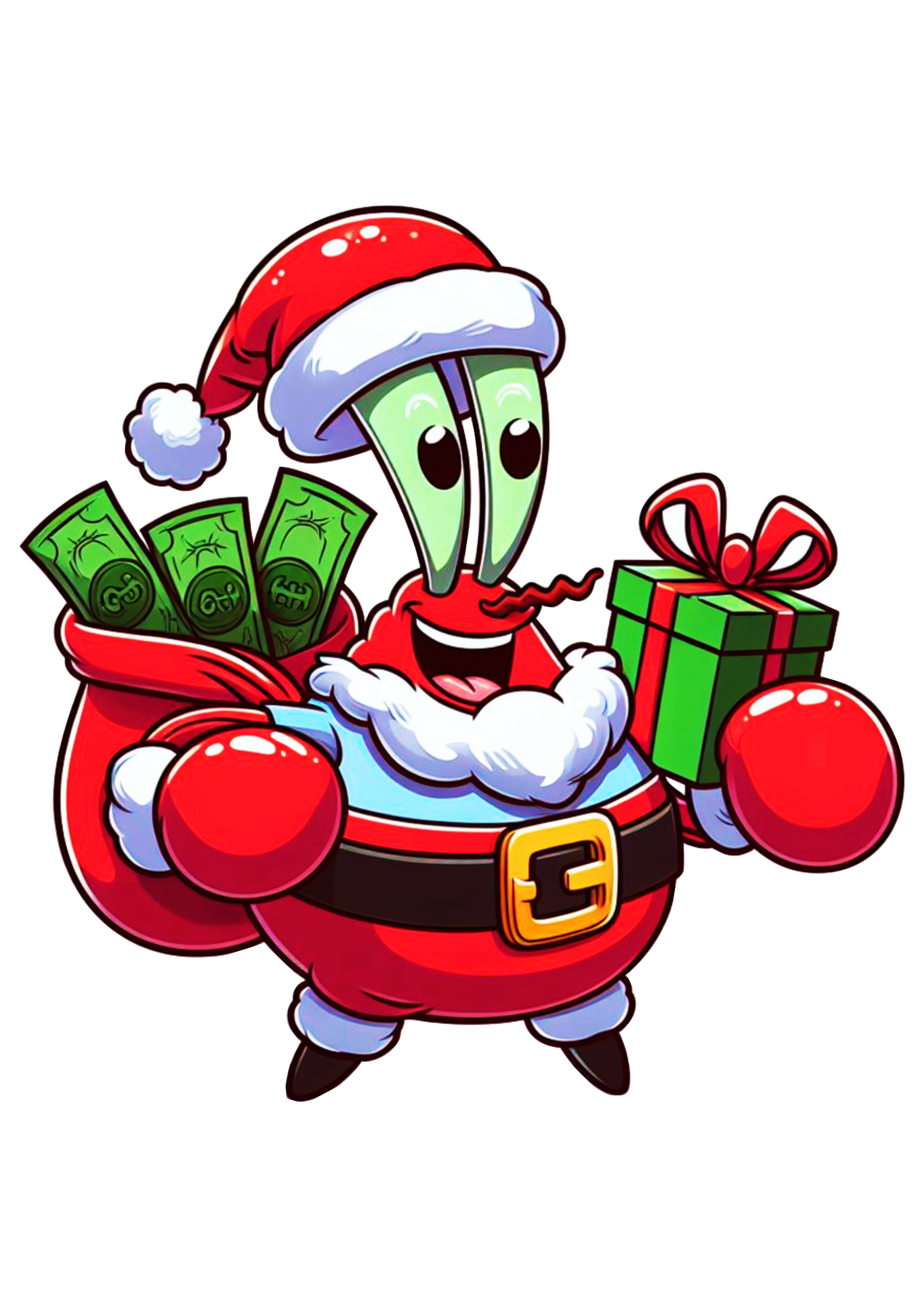 Bob esponja calça quadrada seu sirigueijo fantasiado de Papai Noel com saco de dinheiro desenho infantil png