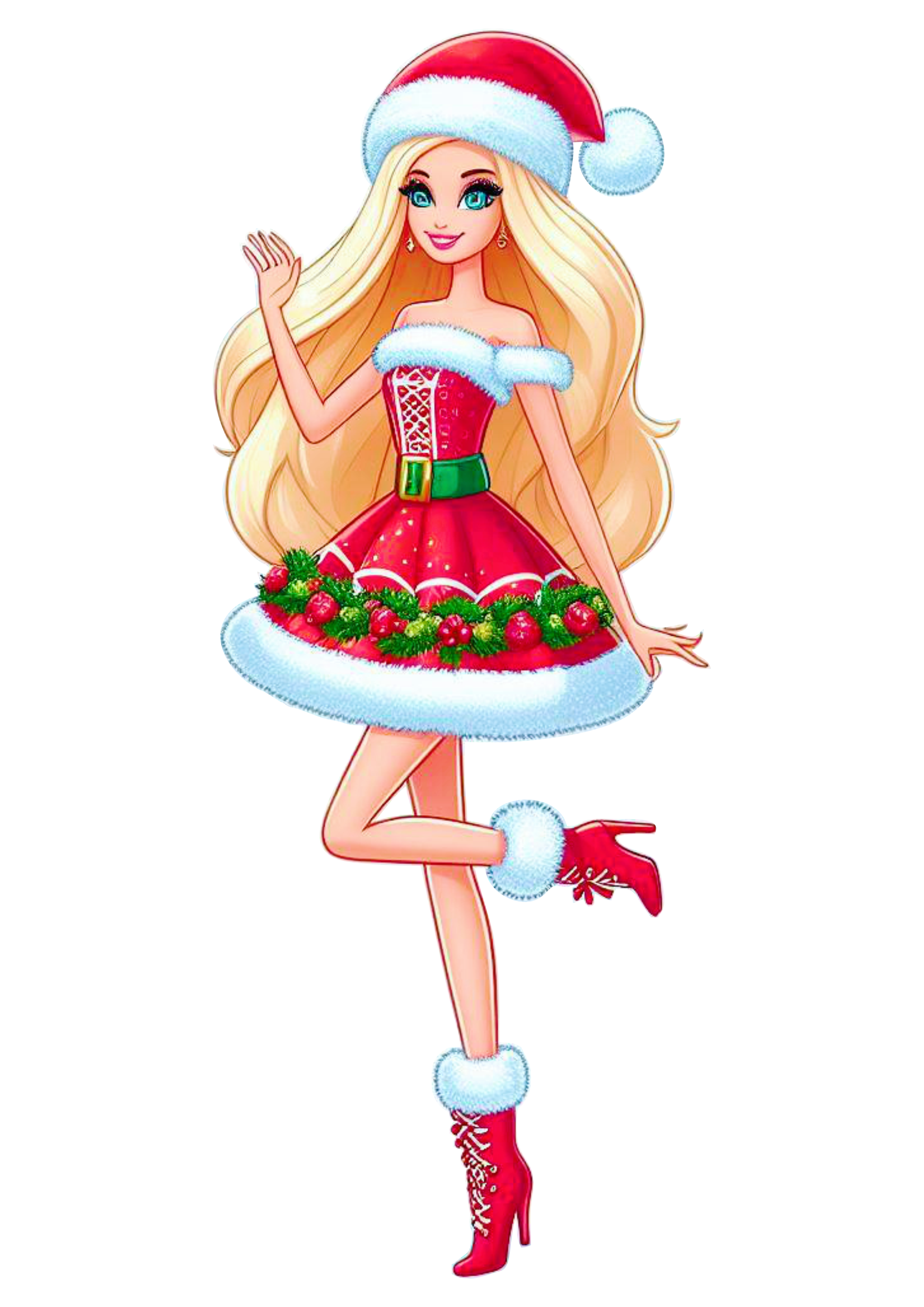 Barbie com vestido de natal fazendo pose fundo transparente png