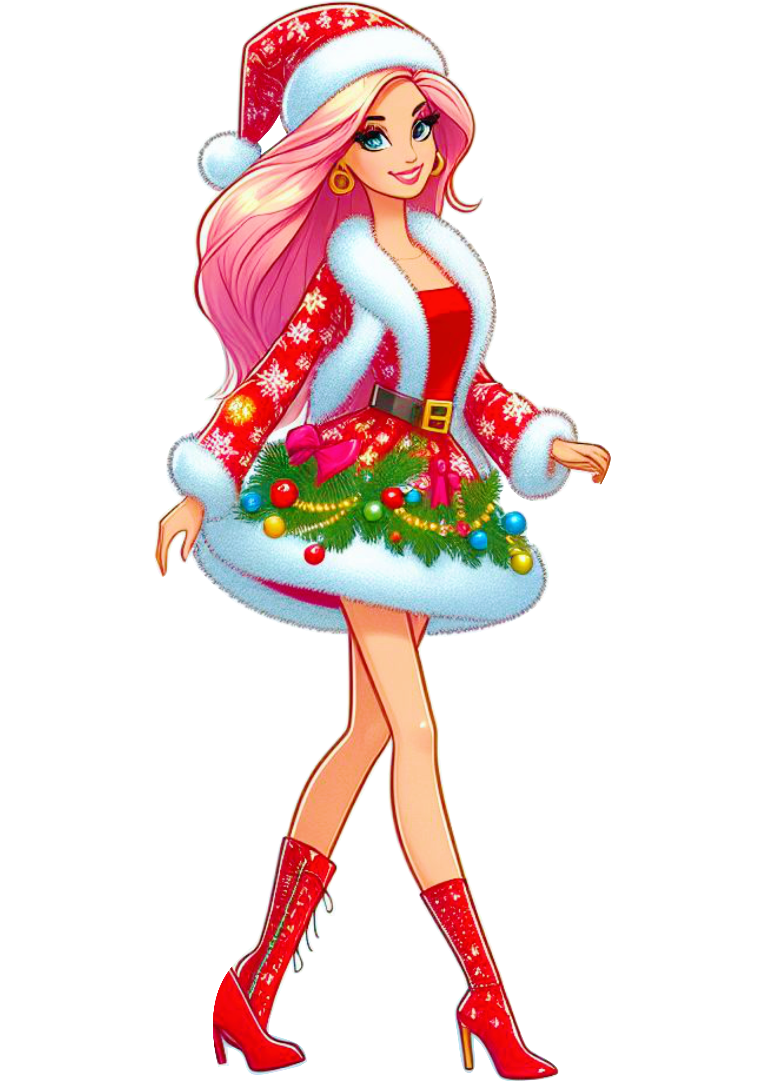 Barbie com vestido de natal fazendo pose de botas boneca fundo transparente png